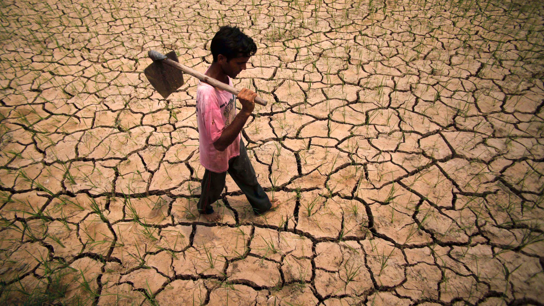 FILE- In this July 24, 2012 file photo, an Indian farmer walks through a dried-up paddy field on the outskirts of Jammu, India. India's Meteorological Department said Thursday, Aug. 2, 2012 it expects the country to get at least 10 percent less rain this June-to-September monsoon season. The shortfall also is expected to swell electricity demand in a power-starved nation as farmers turn to irrigation pumps to keep their fields watered. (AP Photo/Channi Anand, File)