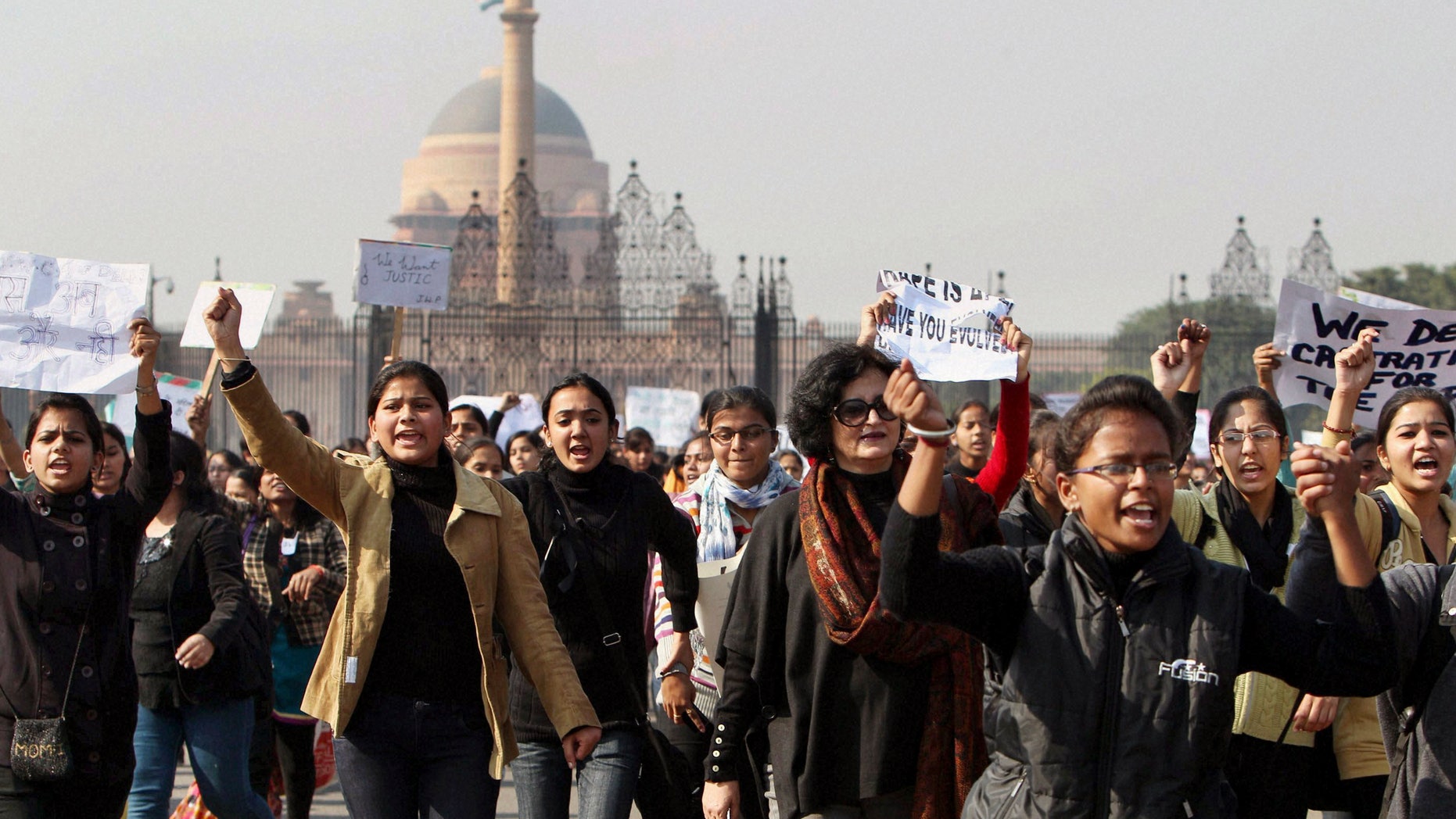 Dec. 21, 2012: Activist of the All India Democratic Womens Association and Young Womens Christian Association (YWCA) students shout slogans as they take part in a protest march from the Presidential Palace to India Gate in New Delhi, India.