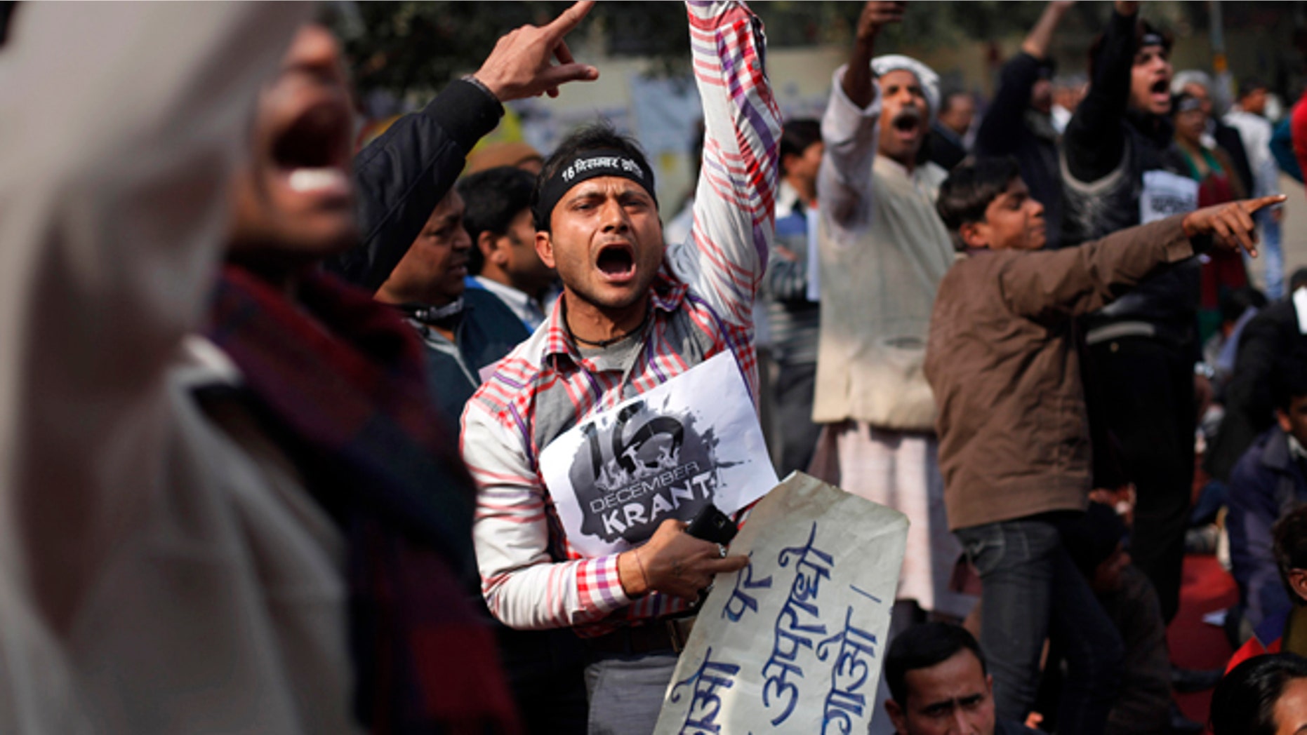 Jan. 29: Indians shout slogans during a protest demanding the death penalty for six men accused of the fatal gang rape of a young woman in New Delhi last month.