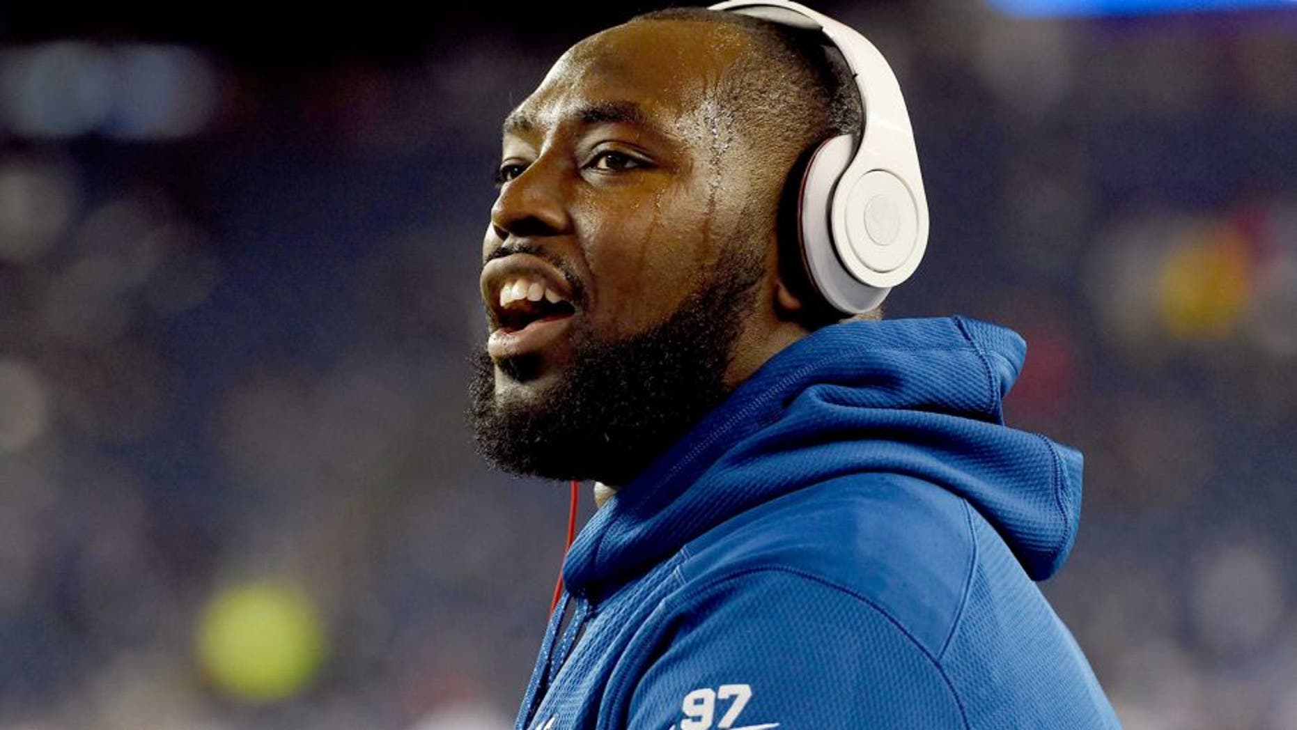 Jan 18, 2015; Foxborough, MA, USA; Indianapolis Colts defensive end Arthur Jones (97) warms up before the AFC Championship Game against the New England Patriots at Gillette Stadium. Mandatory Credit: Robert Deutsch-USA TODAY Sports