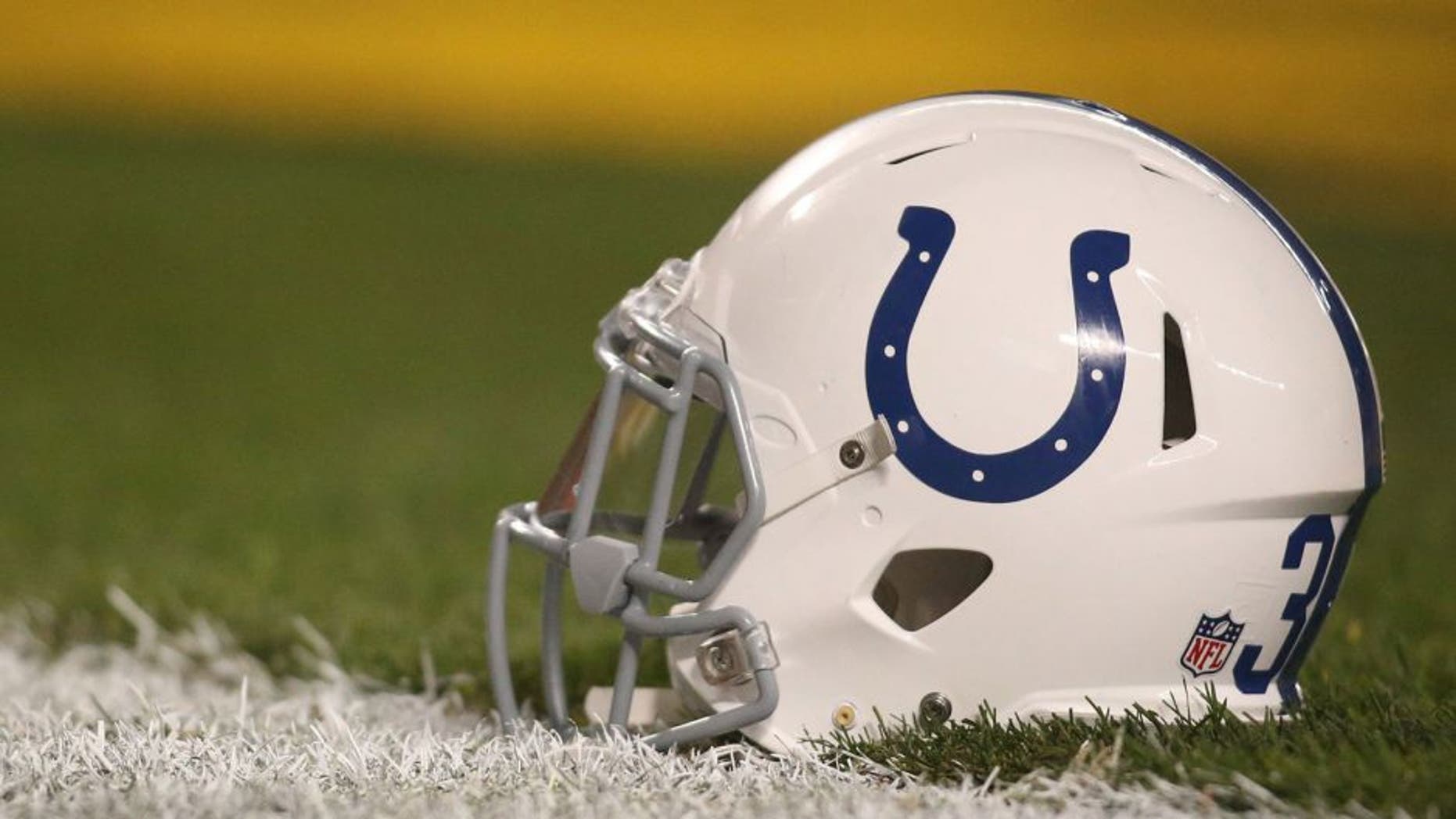 Dec 6, 2015; Pittsburgh, PA, USA; An Indianapolis Colts helmet sits on the field before the Pittsburgh Steelers host the Colts at Heinz Field. The Steelers won 45-10. Mandatory Credit: Charles LeClaire-USA TODAY Sports