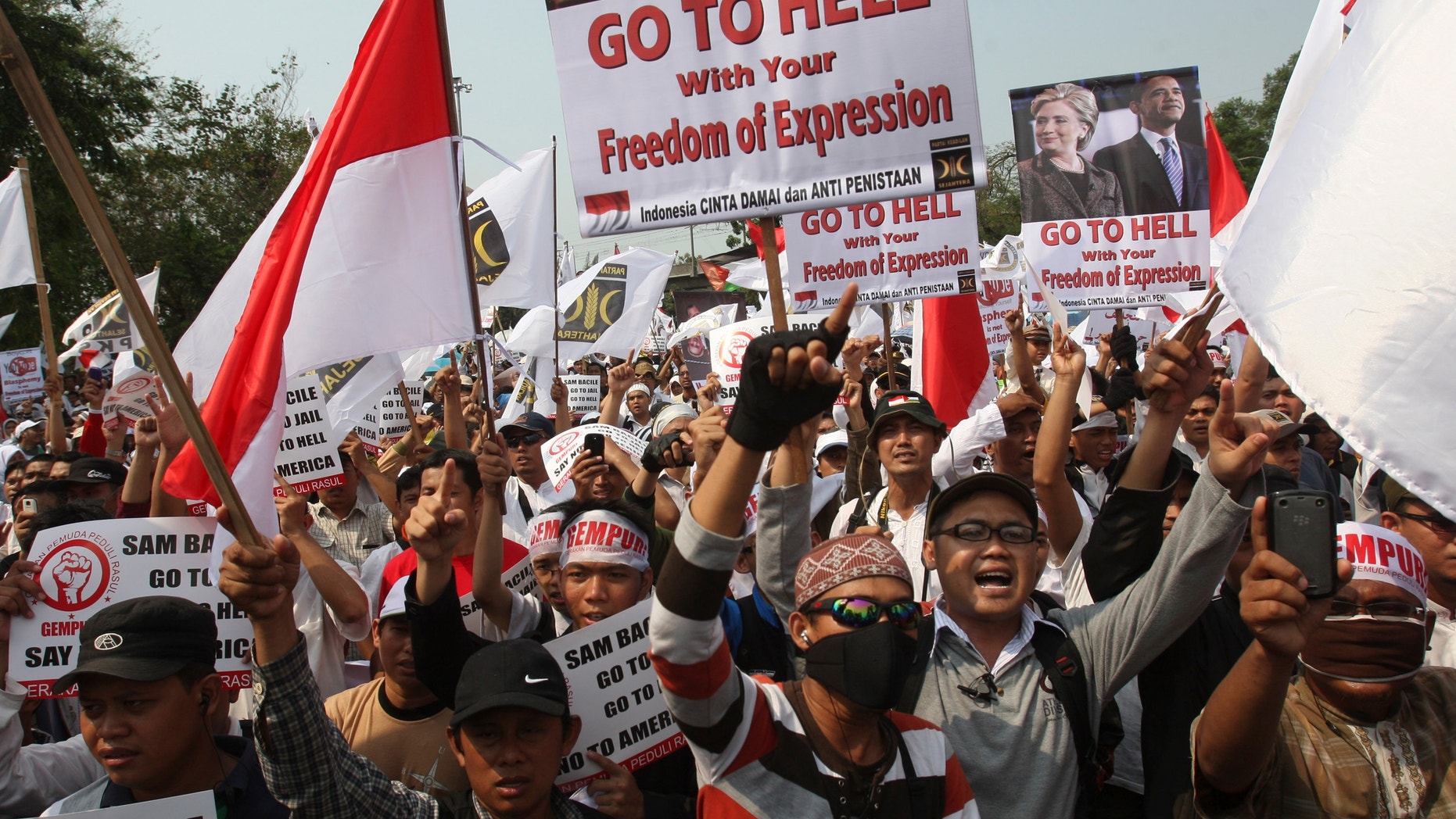 Sept. 30, 2012: Indonesian Muslims shout slogans during a protest against an anti-Islam film that has sparked anger among followers, outside the U.S. Embassy in Jakarta, Indonesia.