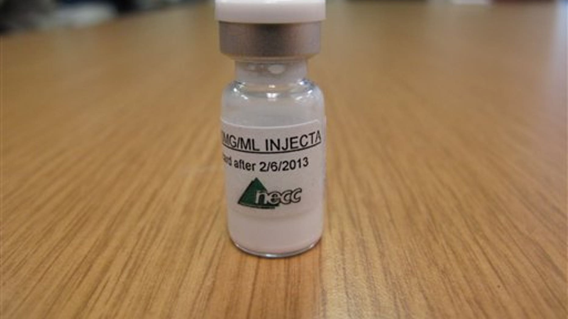 A vial of injectable steroids by specialty pharmacy New England Compounding Center (NECC) is displayed in the Tennessee Department of Health.