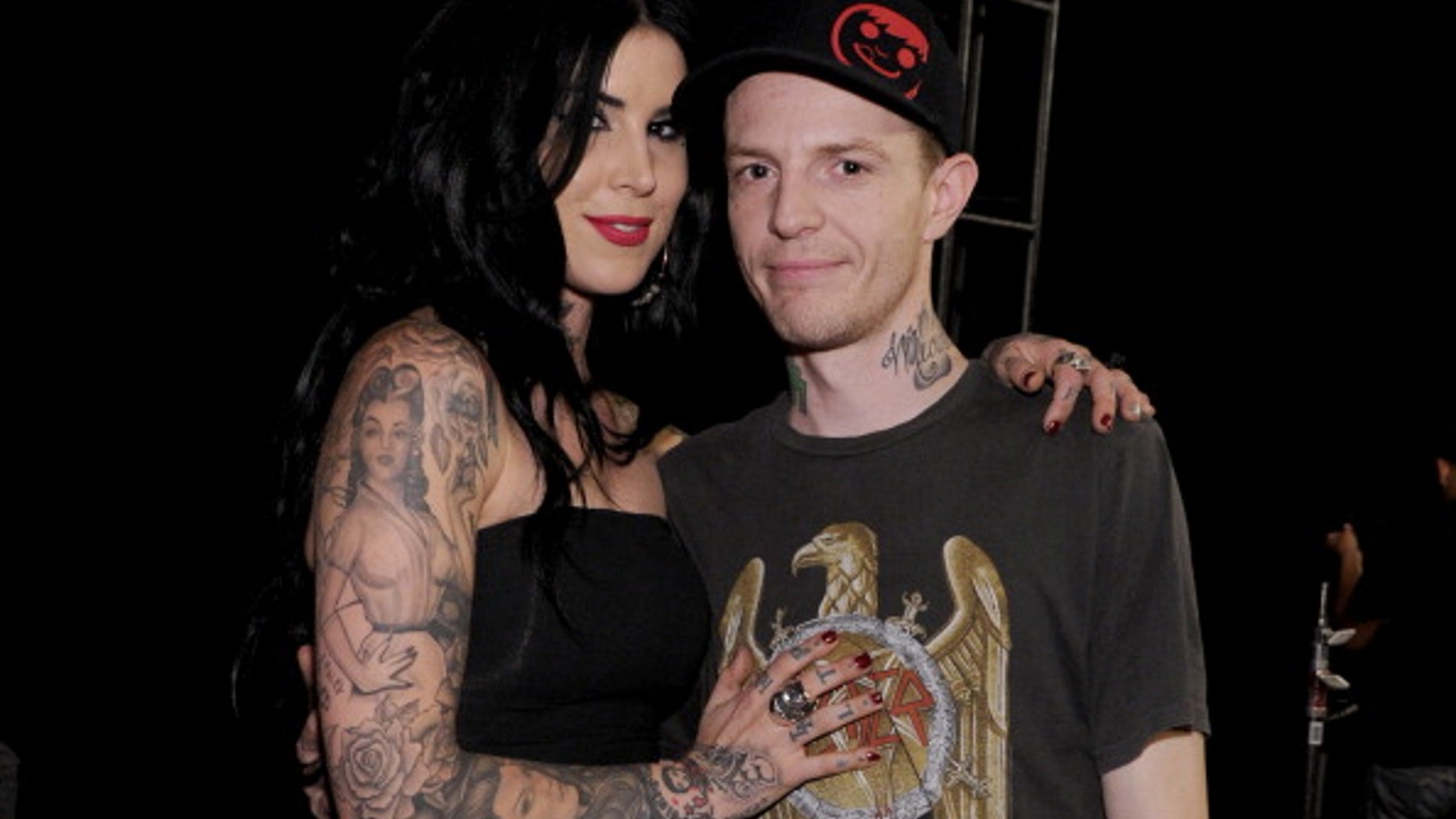 Recording artist Deadmau5 and TV personality Kat Von D pose in Las Vegas, Nevada.