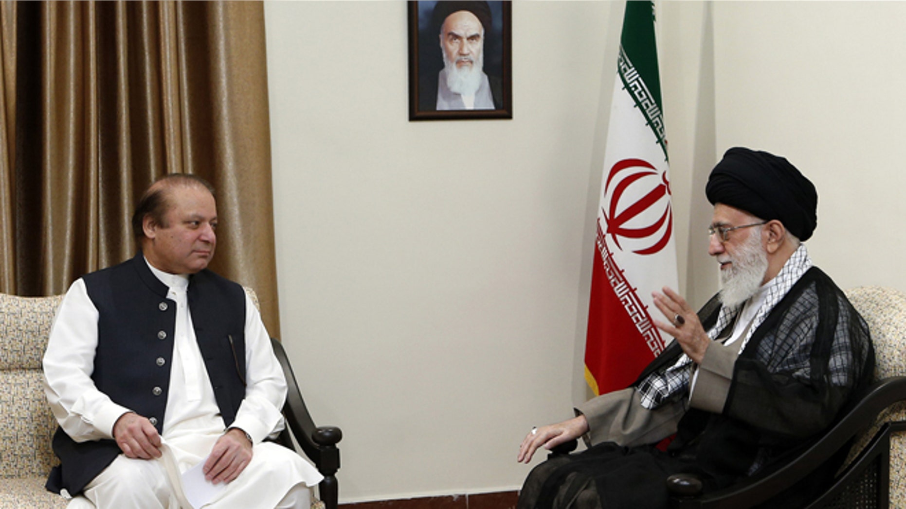 May 12, 2014: Iranian supreme leader, Supreme Leader Ayatollah Ali Khamenei, right, speaks with Pakistani Prime Minister Nawaz Sharif during their meeting in Tehran, Iran. (AP/Office of the Iranian Supreme Leader)
