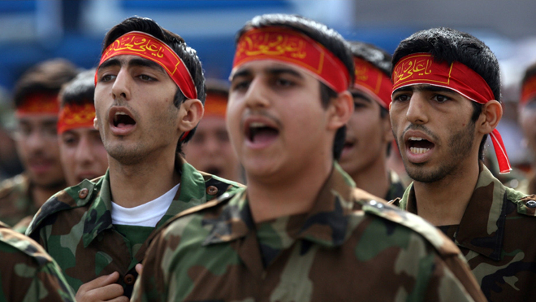 Iranian soldiers march past Iranian President Mahmoud Ahmadinejad during the annual army day military parade on April 17, 2008 in Tehran, Iran.