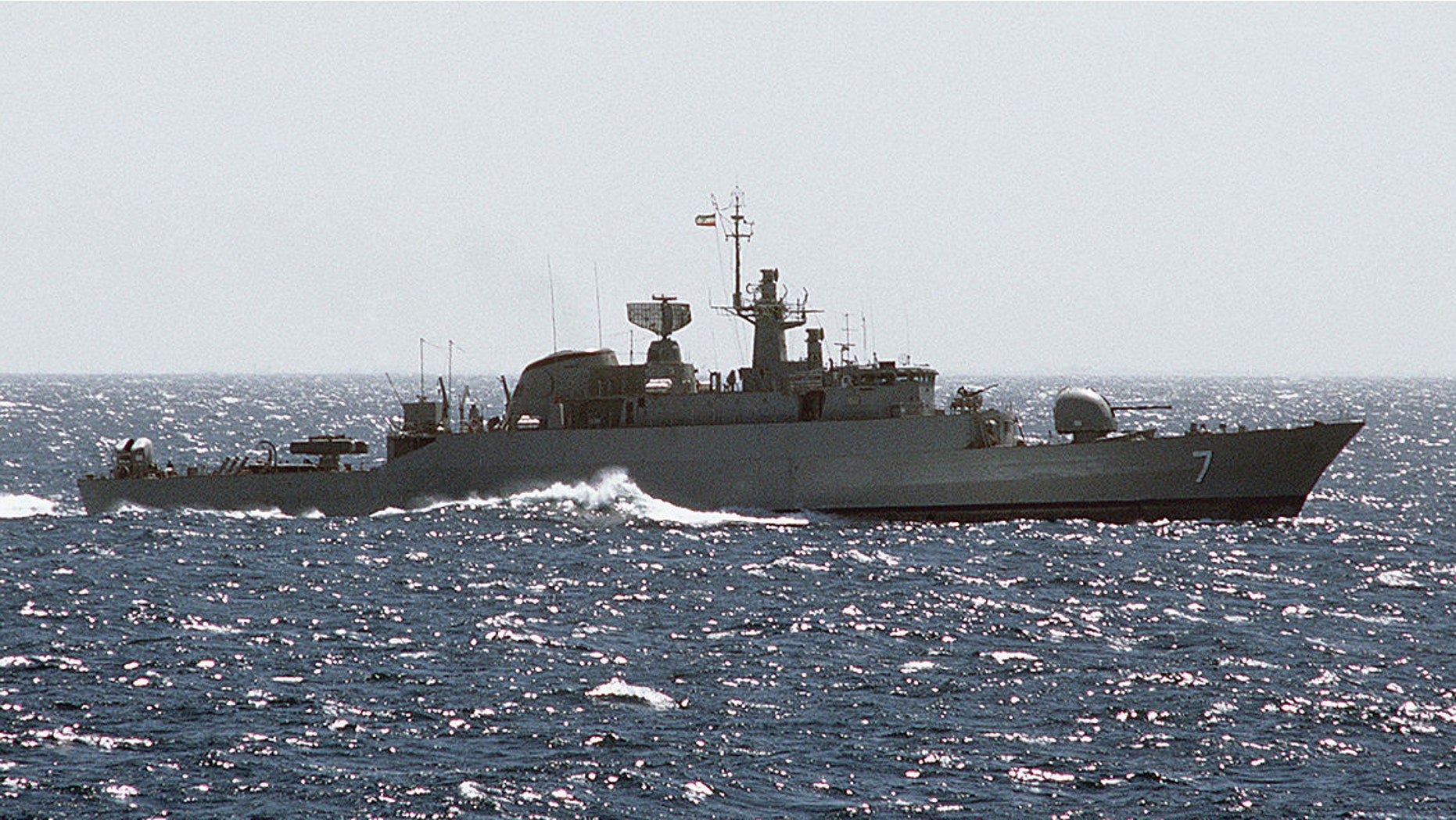 A starboard beam view of an Iranian Alvand-class frigate. Iran’s Islamic Revolutionary Guard is expected to put 100 gun boats in the Persian Gulf soon to practice “swarm” tactics, U.S. officials have said.