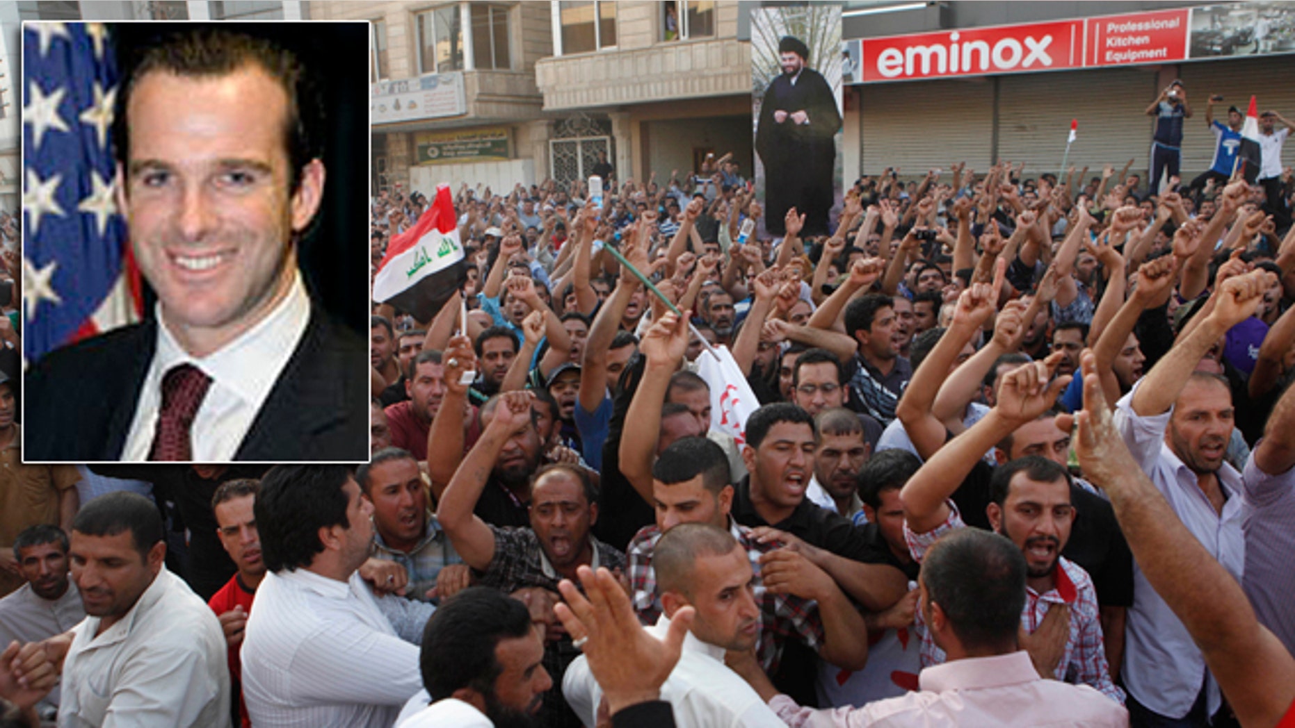 Followers of Shiite cleric Muqtada al-Sadr protest June 6 in Iraq. Brett McGurk, inset, President Obama's pick to be U.S. ambassador to Iraq, has withdrawn his name from consideration.