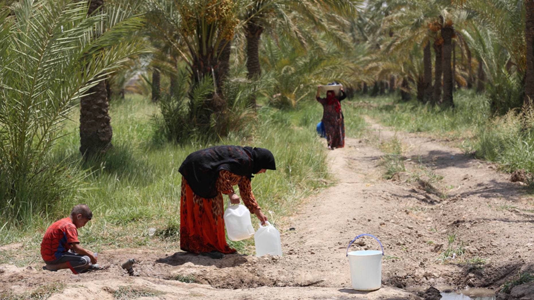 Iraqis displaced by conflict collect water at al-Takia refugee camp in Baghdad, Iraq, Thursday, July 30, 2015.
