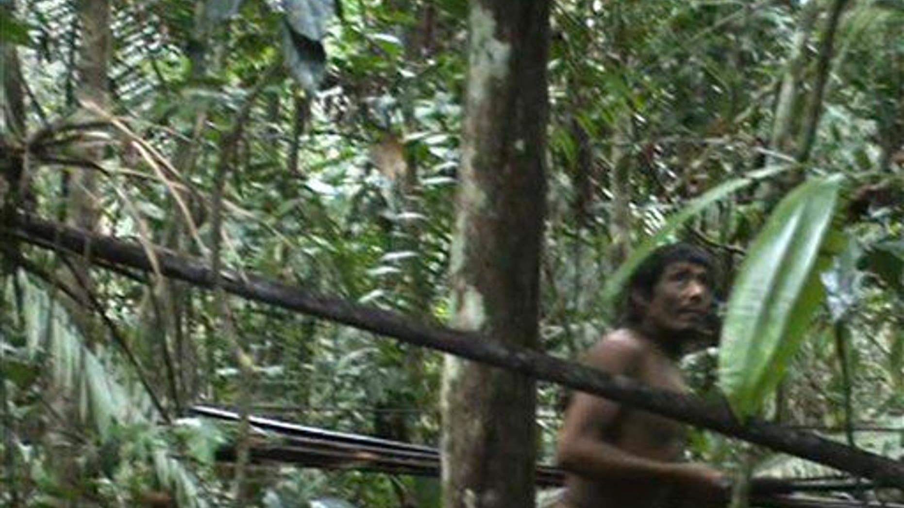 In this frame grab taken from video shot in 2011 by Brazil's National Indian Foundation (FUNAI) a member of another tribe, the Kawahiva, carries arrows in the Amazon jungle in Brazil.