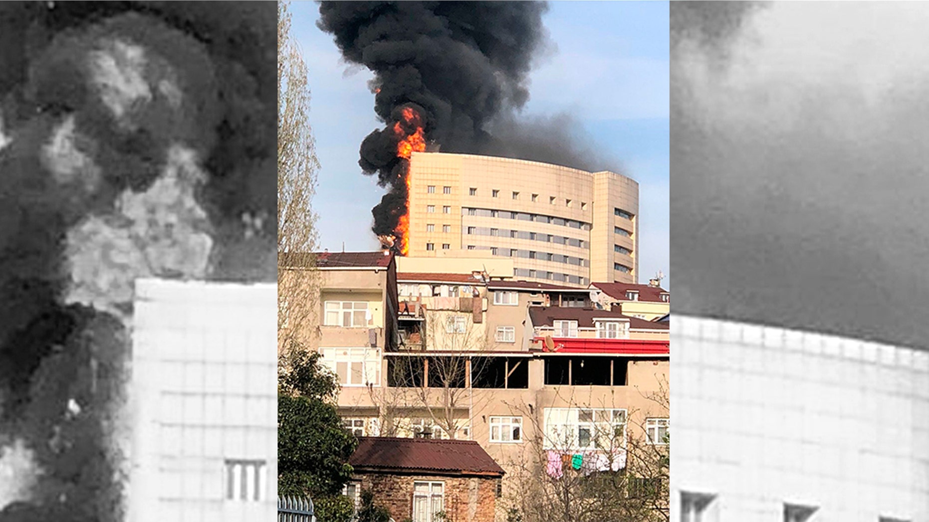 A fire engulfing a facade of the Taksim Ilk Yardim hospital in the Gaziosmanpasa district in Istanbul, Thursday, April 5, 2018.