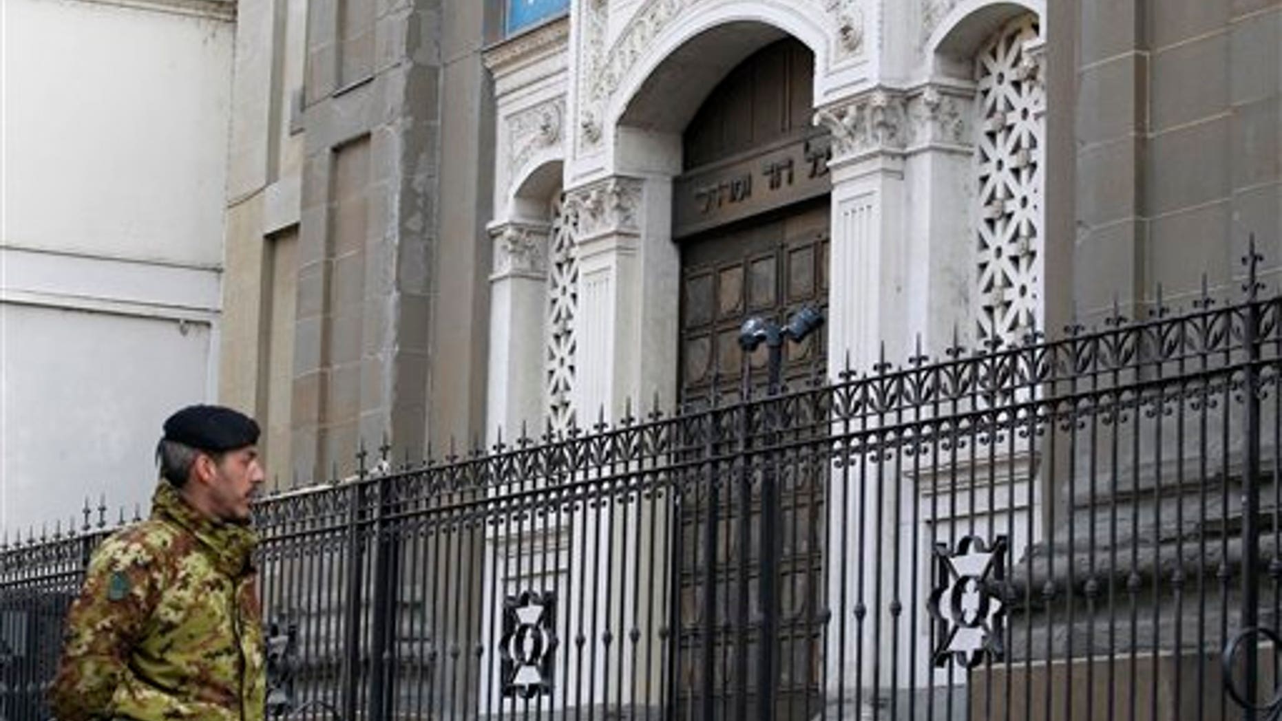March 15, 2012: An Italian army soldier patrols outside a Milan synagogue.