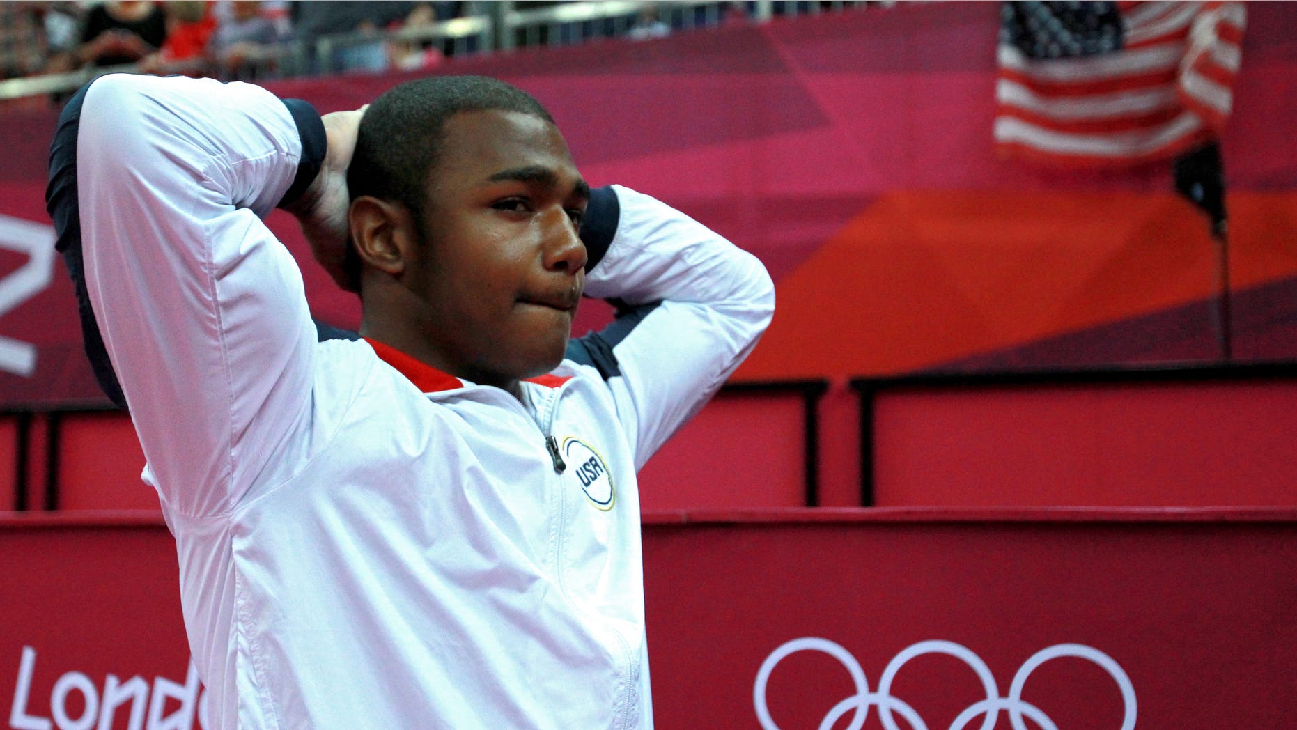 July 30, 2012: John Orozco of the United States reacts after the end of the Artistic Gymnastics Men's Team final on Day 3 of the London 2012 Olympic Games at North Greenwich Arena in London, England.