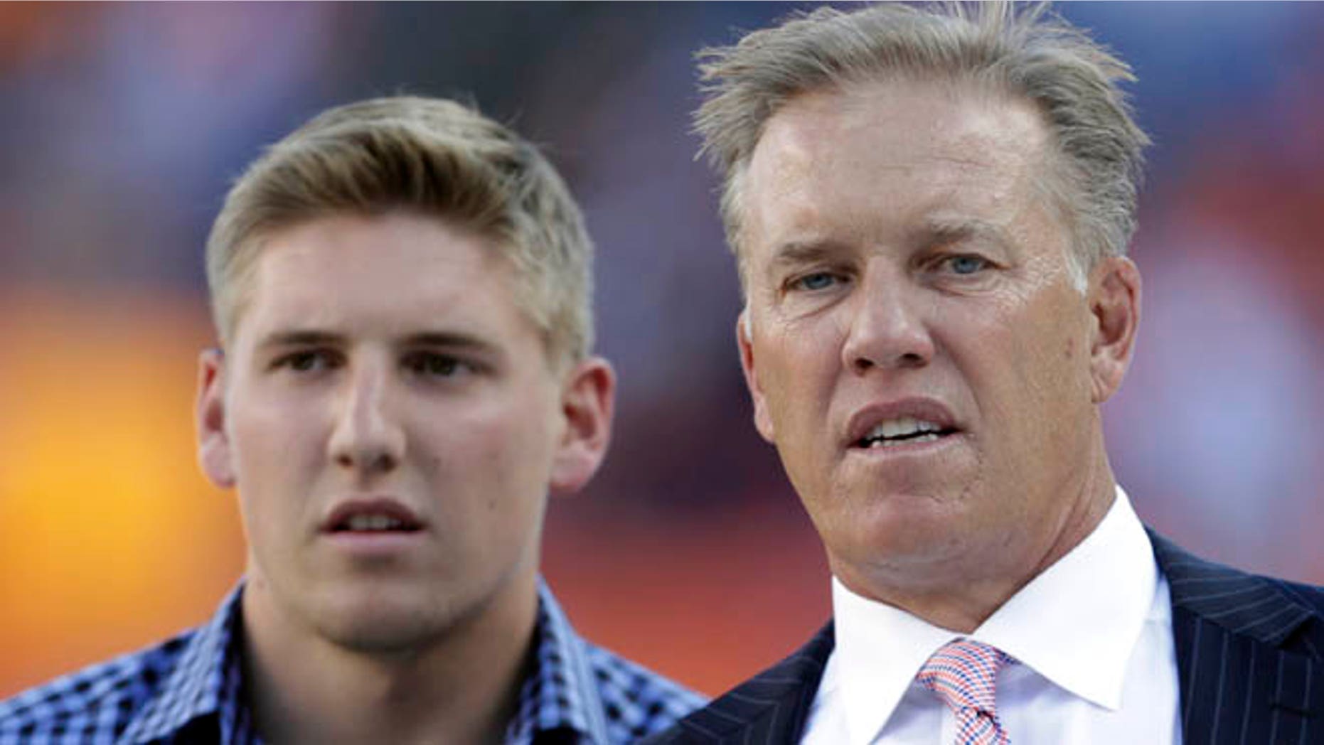 May 31, 2014: This Sept. 9, 2012 file photo shows John Elway and his son, Jack Elway at Mile High Stadium, in Denver. Jack Elway, was arrested in Denver, on charges of assault and disturbing the peace.
