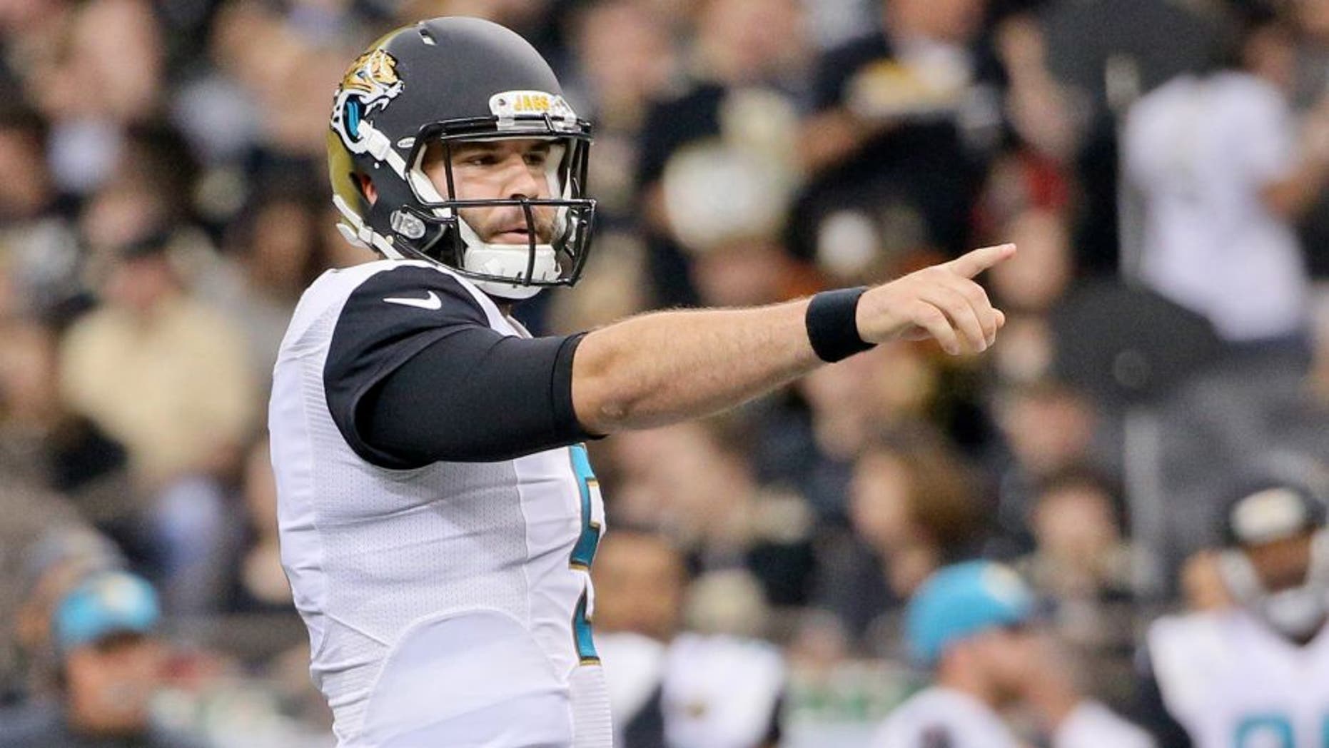 Dec 27, 2015; New Orleans, LA, USA; Jacksonville Jaguars quarterback Blake Bortles (5) points out to the defense against the New Orleans Saints during the second quarter of a game at the Mercedes-Benz Superdome. Mandatory Credit: Derick E. Hingle-USA TODAY Sports