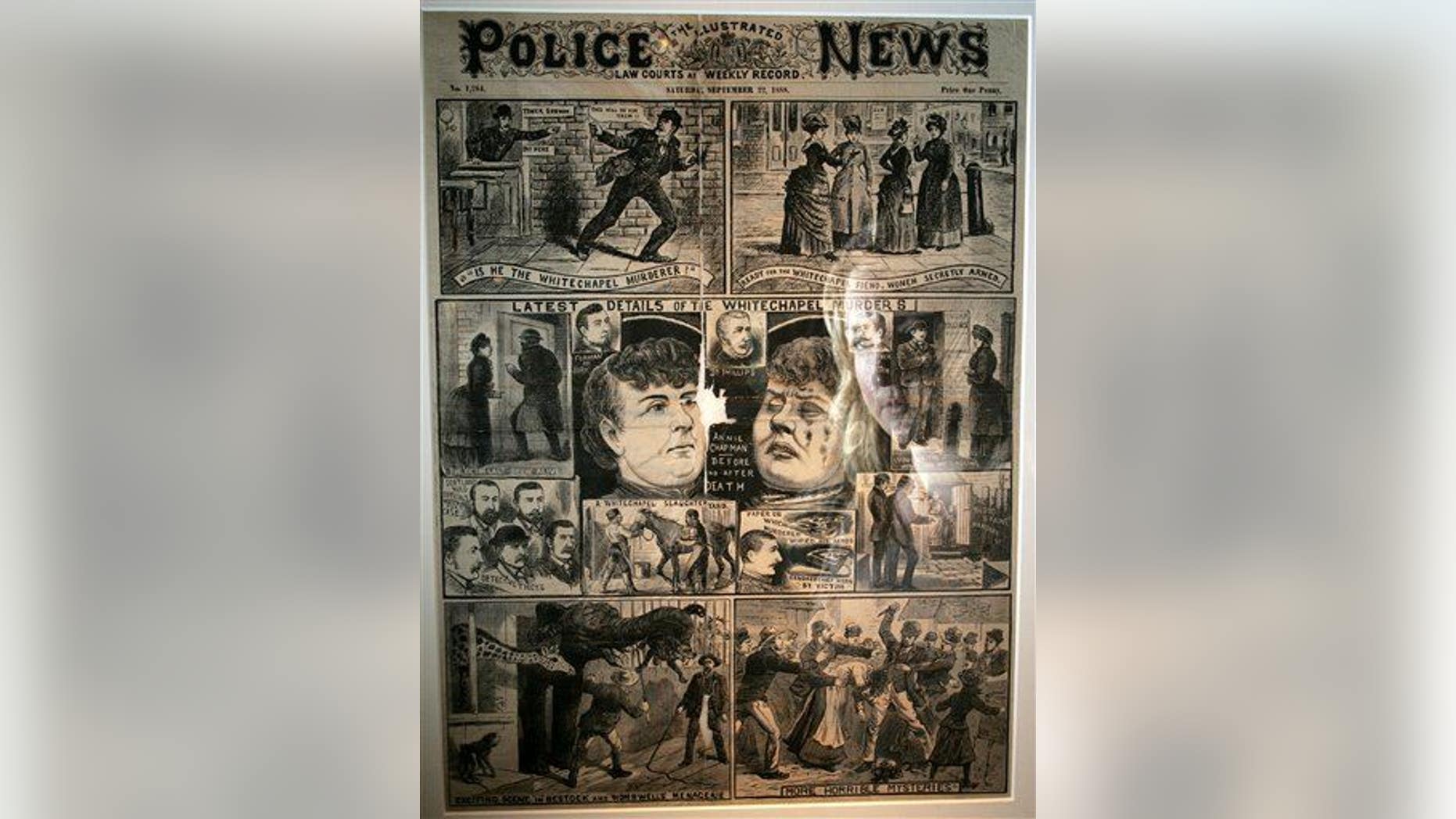 "The Illustrated Police News" on display during a press preview for the exhibition "Jack the Ripper and the East End" at the Museum in Docklands, London, on May 14, 2008.