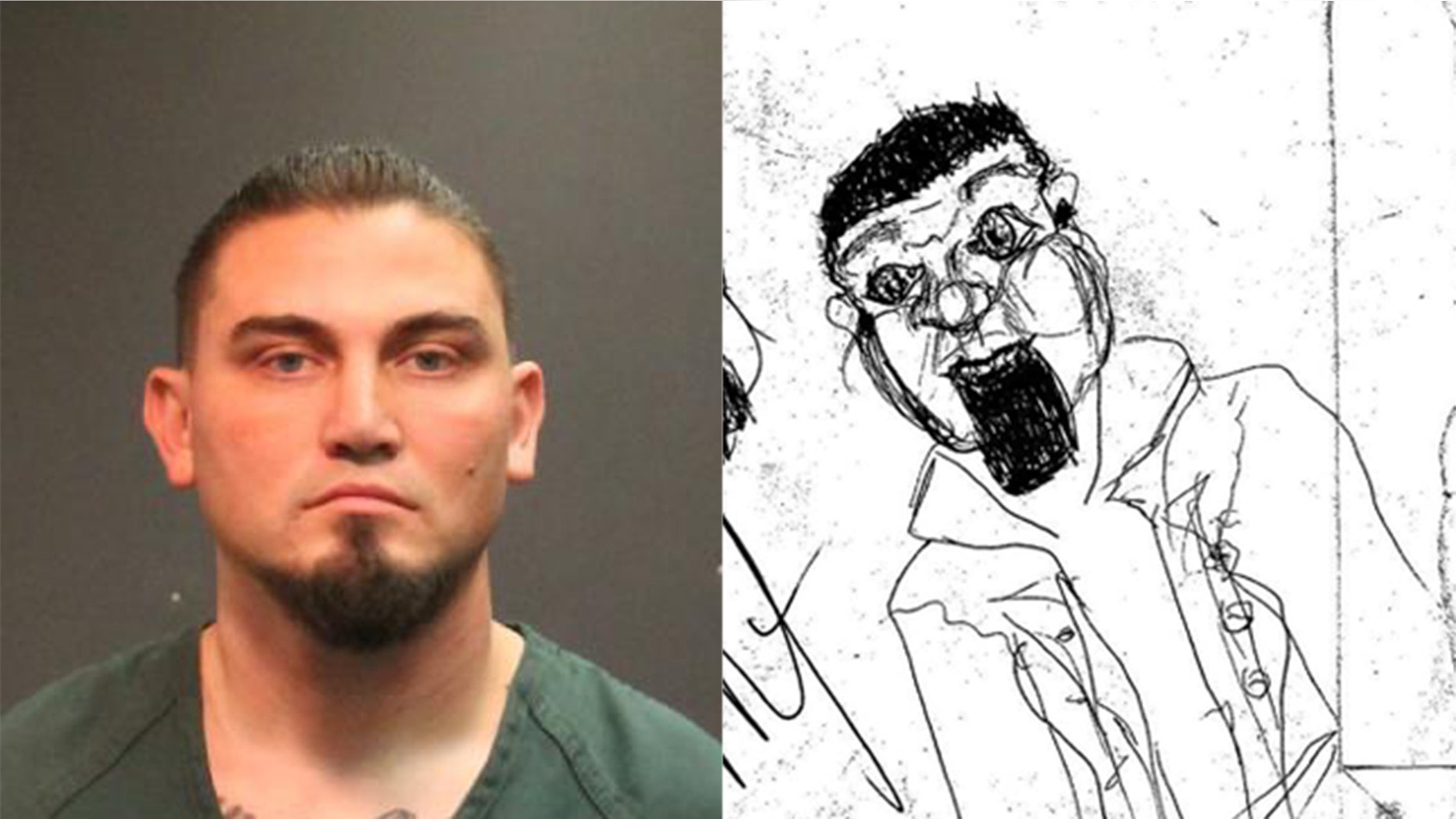 James Anthony Lawlor (left) and a sketch by a homeless person he is accused of attacking (right).