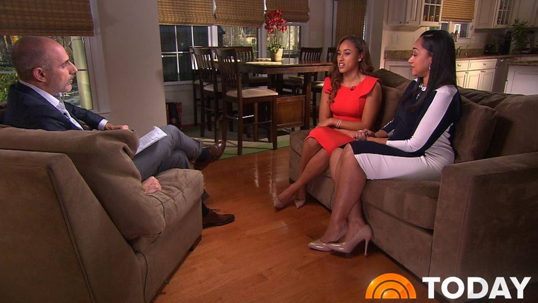 In this image from video provided by The Today Show, host Matt Lauer, left, interviews Janay Rice, center, and her mother, Candy Palmer. Janay Rice says NFL Commissioner Roger Goodell wasn't being honest when he said Ray Rice was "ambiguous" about hitting her in a casino elevator. (AP Photo/The Today Show)