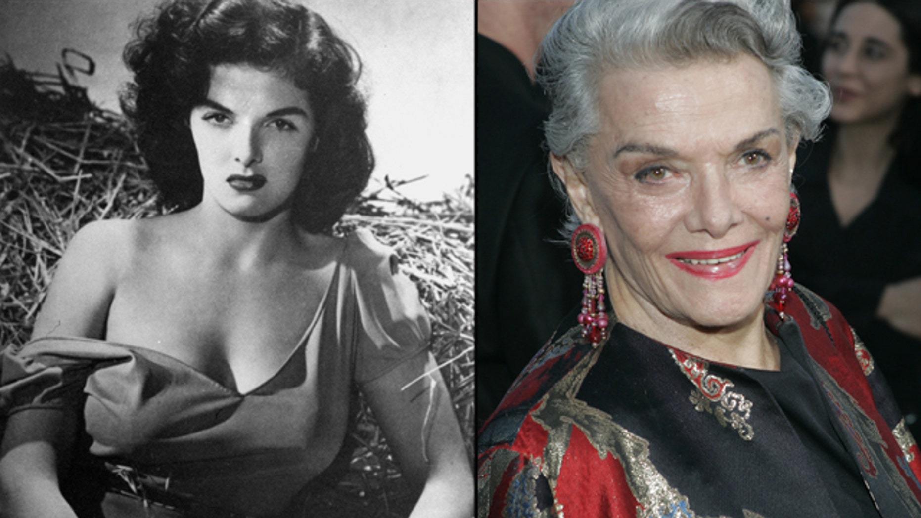 Jane Russell, film star of the 1940s and 1950s, is seen at left in "The Outlaw" and at right in 2005.