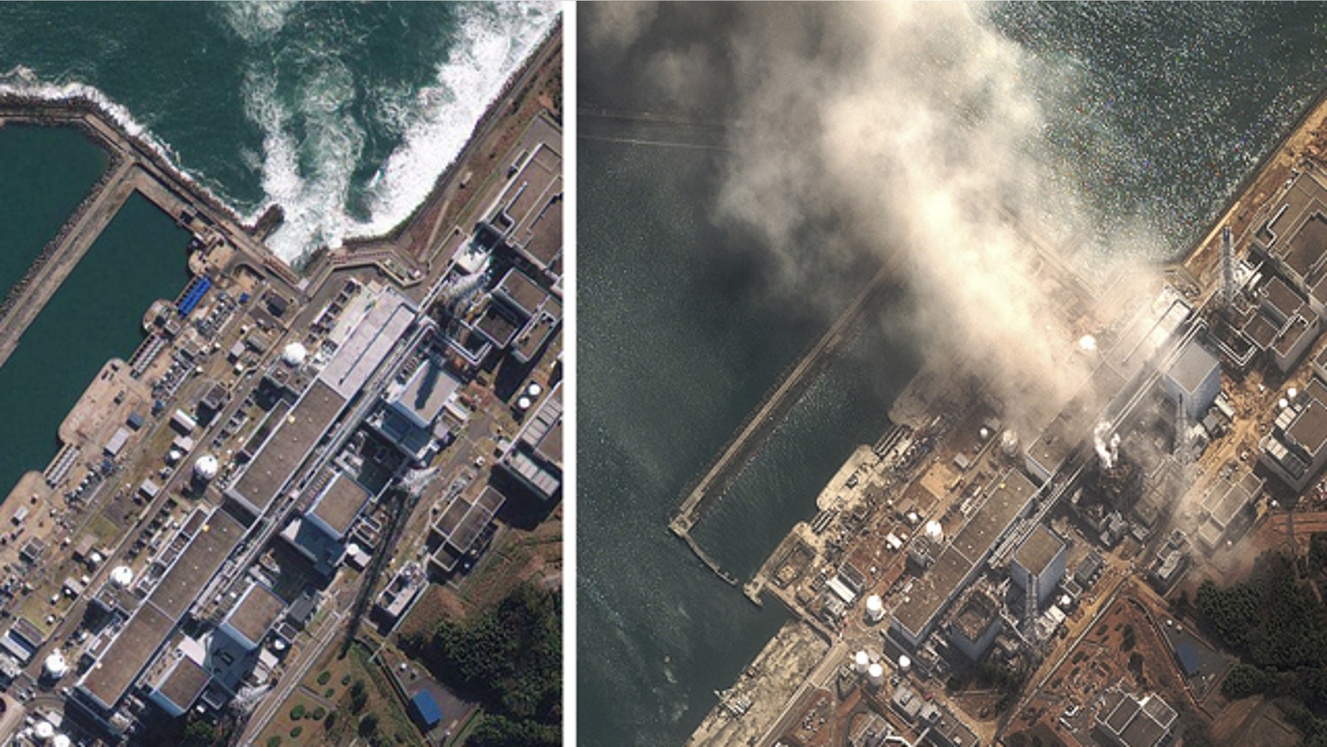 In this file photo combo, the Fukushima Dai-ichi nuclear complex in Japan is shown on Nov. 15, 2009 in a satellite image provided by GeoEye, left, and on Monday, March 14, 2011 in a satellite image provided by DigitalGlobe.