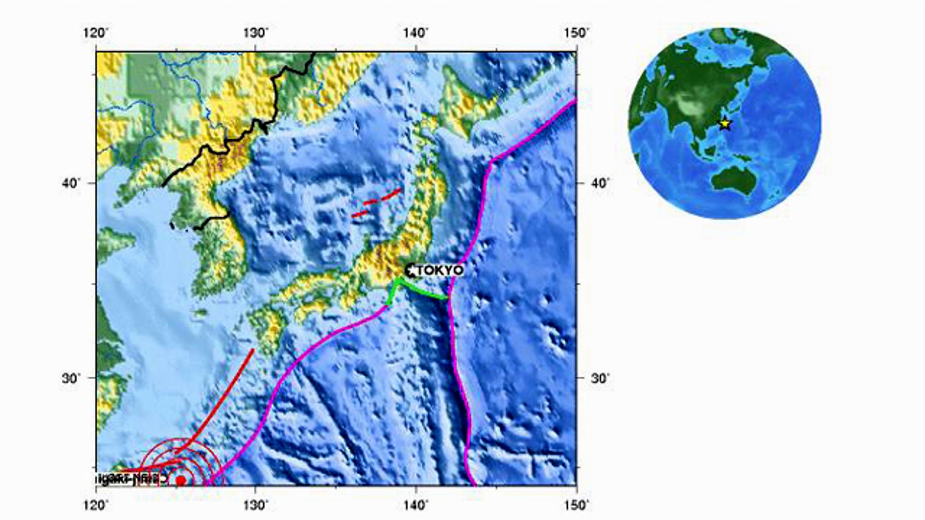 A map from the United States Geological Survey shows the location of an earthquake (at bottom left) that has struck off the coast of Japan Monday, October 4.
