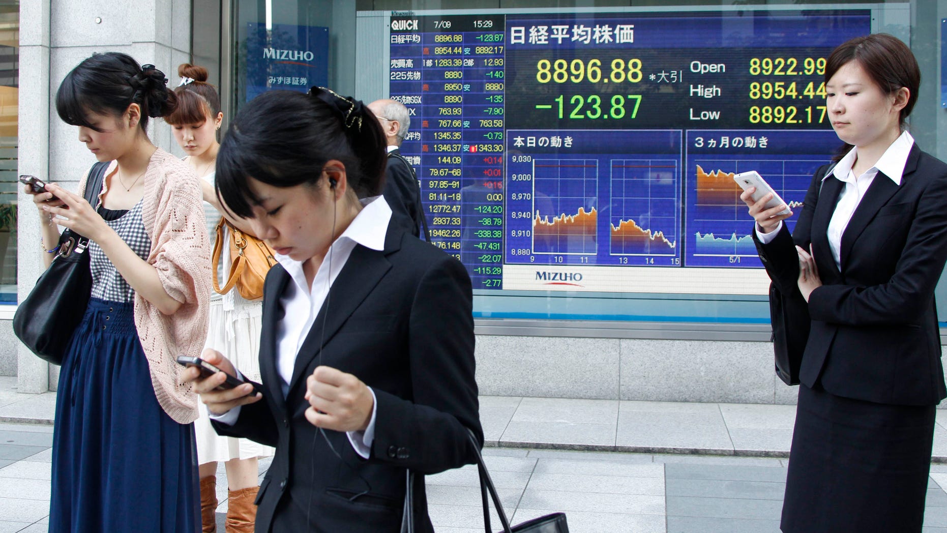 Women operate mobile phones in front of the stock index display of a securities firm in Tokyo Monday, July 9, 2012. Asian stocks were lower Monday after a disappointing U.S. jobs report stoked concern that the world's biggest economy remains mired in weak growth. (AP Photo/Koji Sasahara)