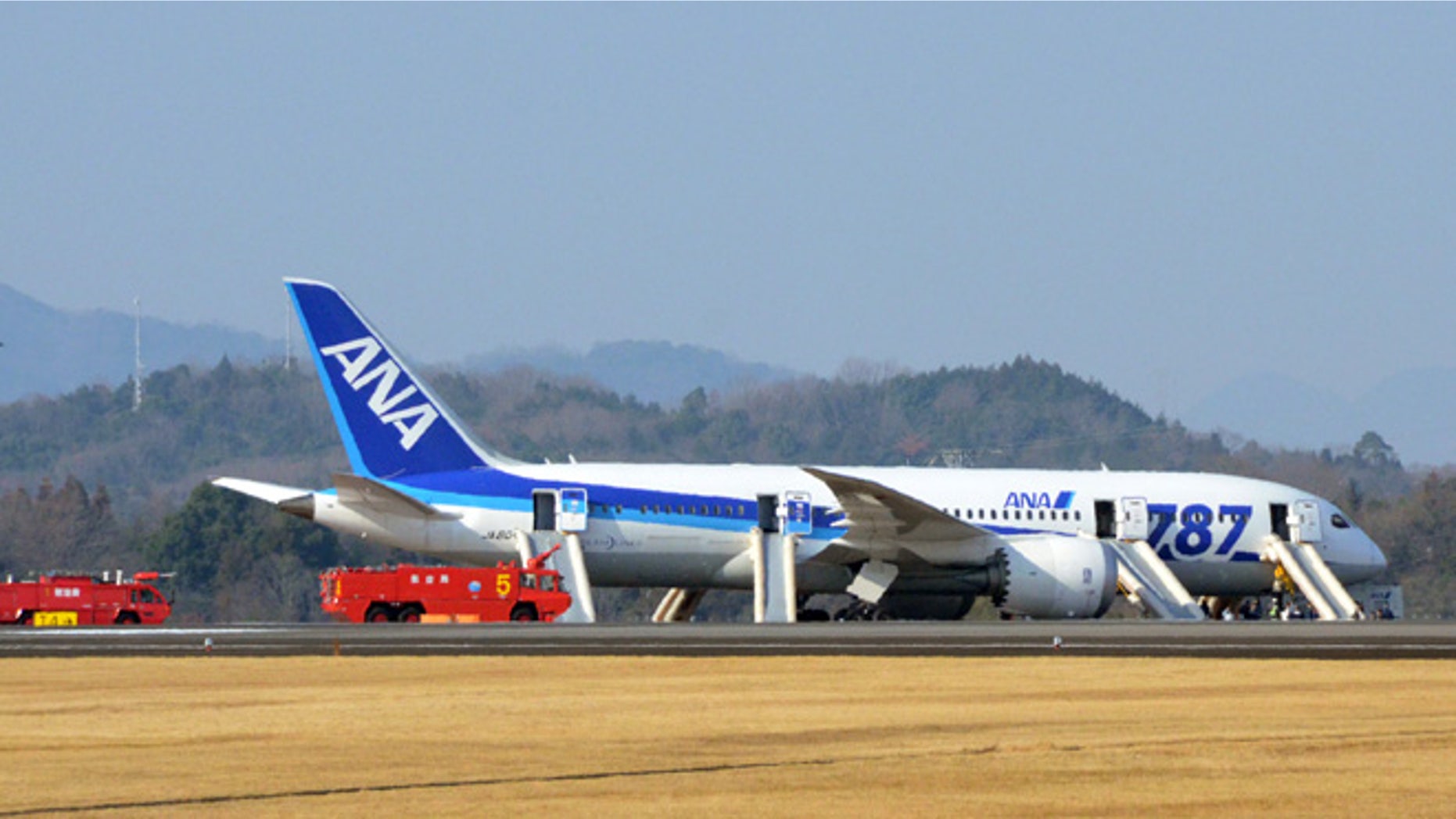 Jan. 16, 2013: An All Nippon Airways flight sits at Takamatsu airport in Takamatsu, western Japan after it made an emergency landing.