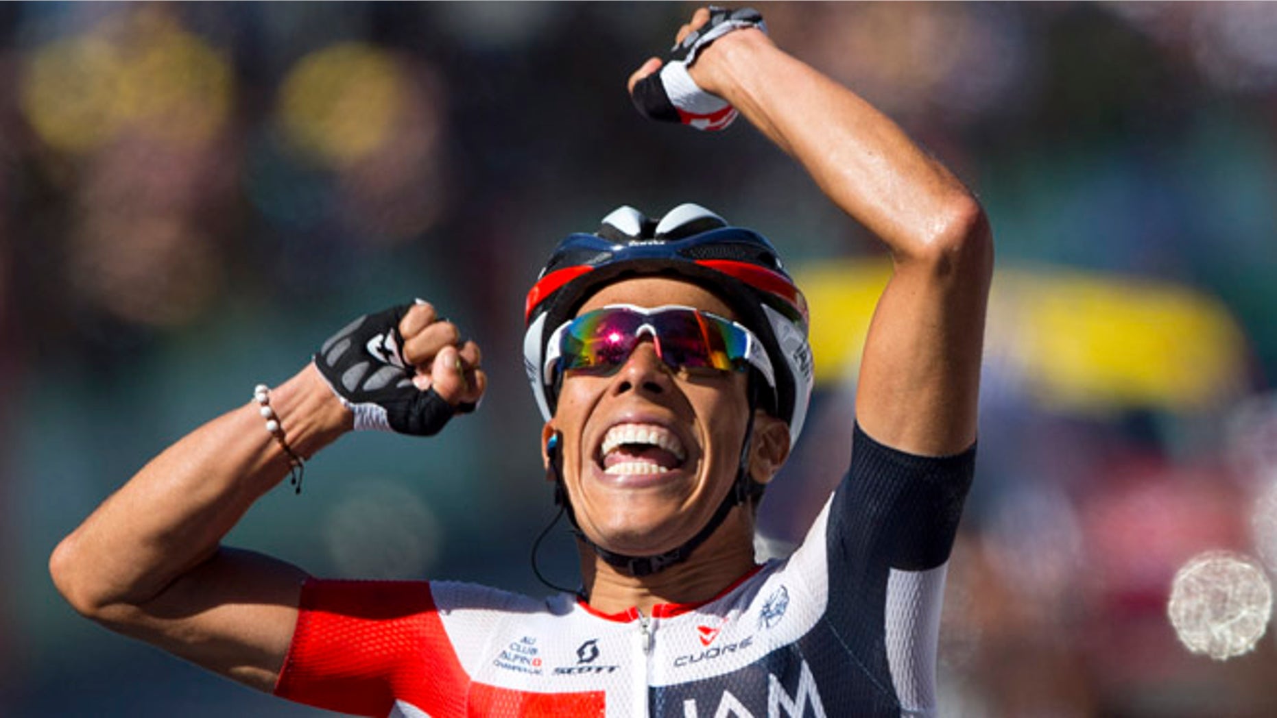 Colombiaâs Jarlinson Pantano crosses the finish line to win the fifteenth stage of the Tour de France cycling race over 160 kilometers (99.4 miles) with start in Bourg-en-Bresse and finish in Culoz, France, Sunday, July 17, 2016. (AP Photo/Peter Dejong)