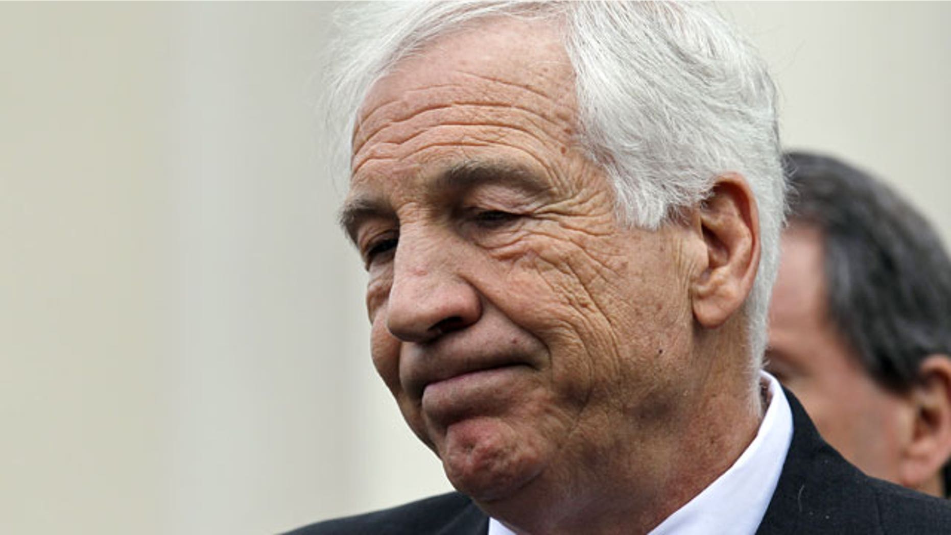 Feb. 10, 2012: Jerry Sandusky, a former Penn State assistant football coach charged with sexually abusing boys, pauses while speaking to the media at the Centre County Courthouse after a bail conditions hearing.
