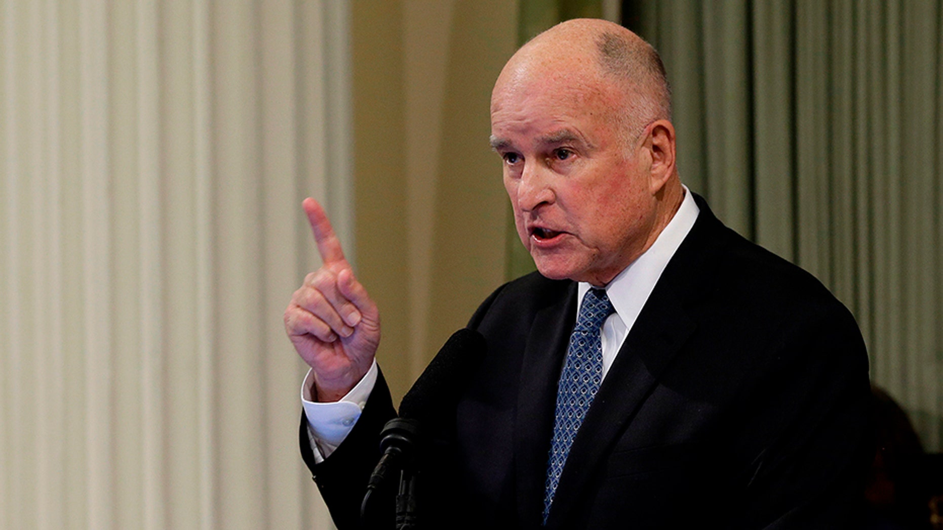 FILE -- In this Jan. 25, 2018 file photo, California Gov. Jerry Brown delivers his annual State of the State address before a joint session of the Legislature in Sacramento, Calif.