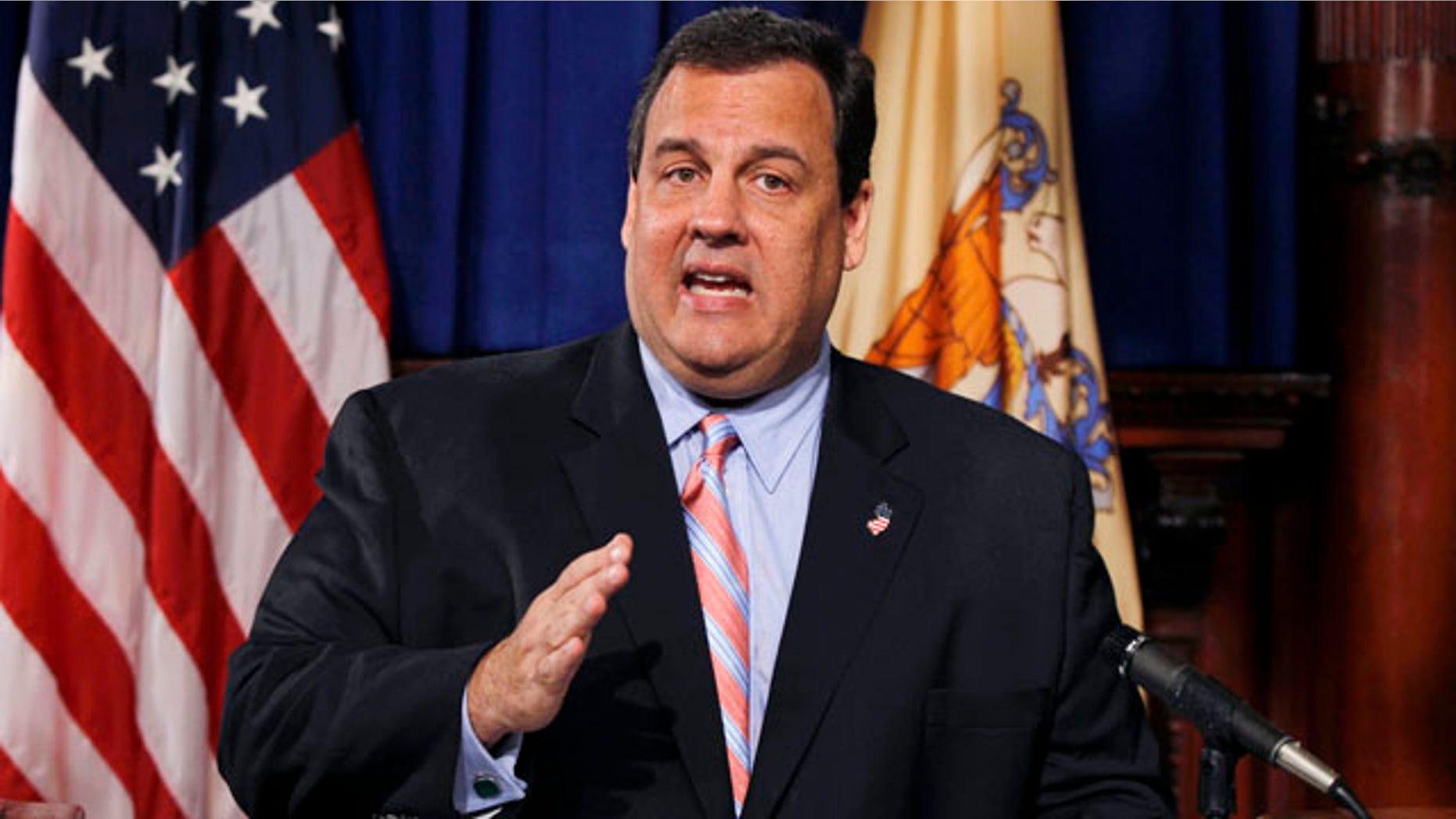 Oct. 27, 2010: New Jersey Gov. Chris Christie gestures in Trenton, N.J. as he stands by plans to discontinue construction on a train tunnel connecting New Jersey and New York City.