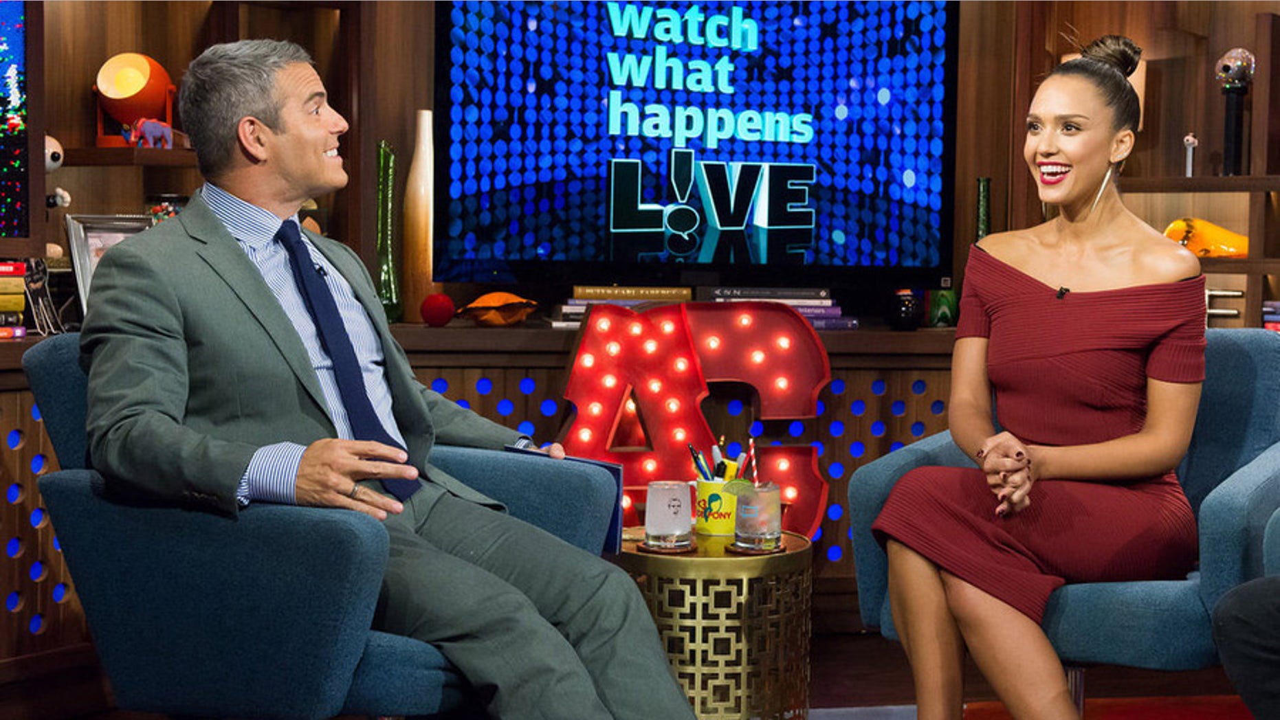 WATCH WHAT HAPPENS LIVE -- Episode 12145 -- Pictured: (l-r) Andy Cohen, Jessica Alba -- (Photo by: Charles Sykes/Bravo)