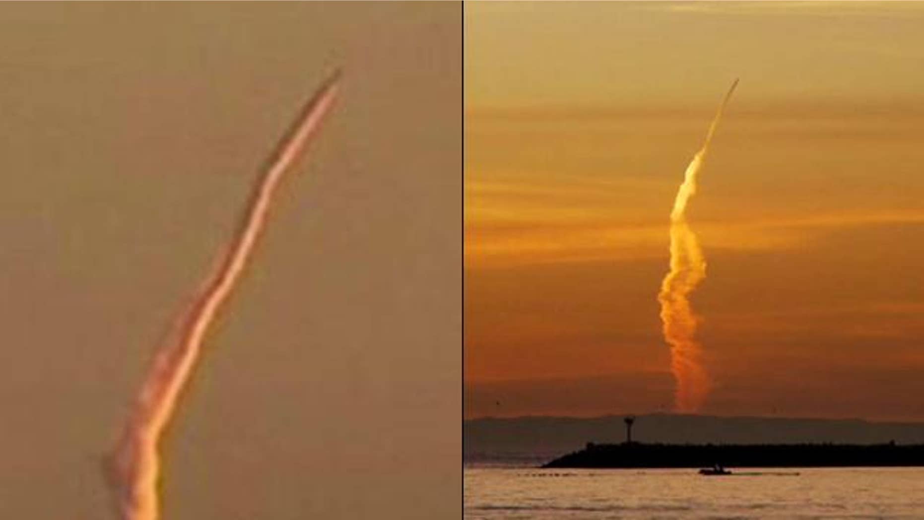 A mysterious vapor trail caught on camera has the military scrambling for answers -- but is it just a jet? On the left, a still image from KCBS video of the launch. On the right, a very similar event from Dec. 31, 2009 commonly believed to be an airplane.