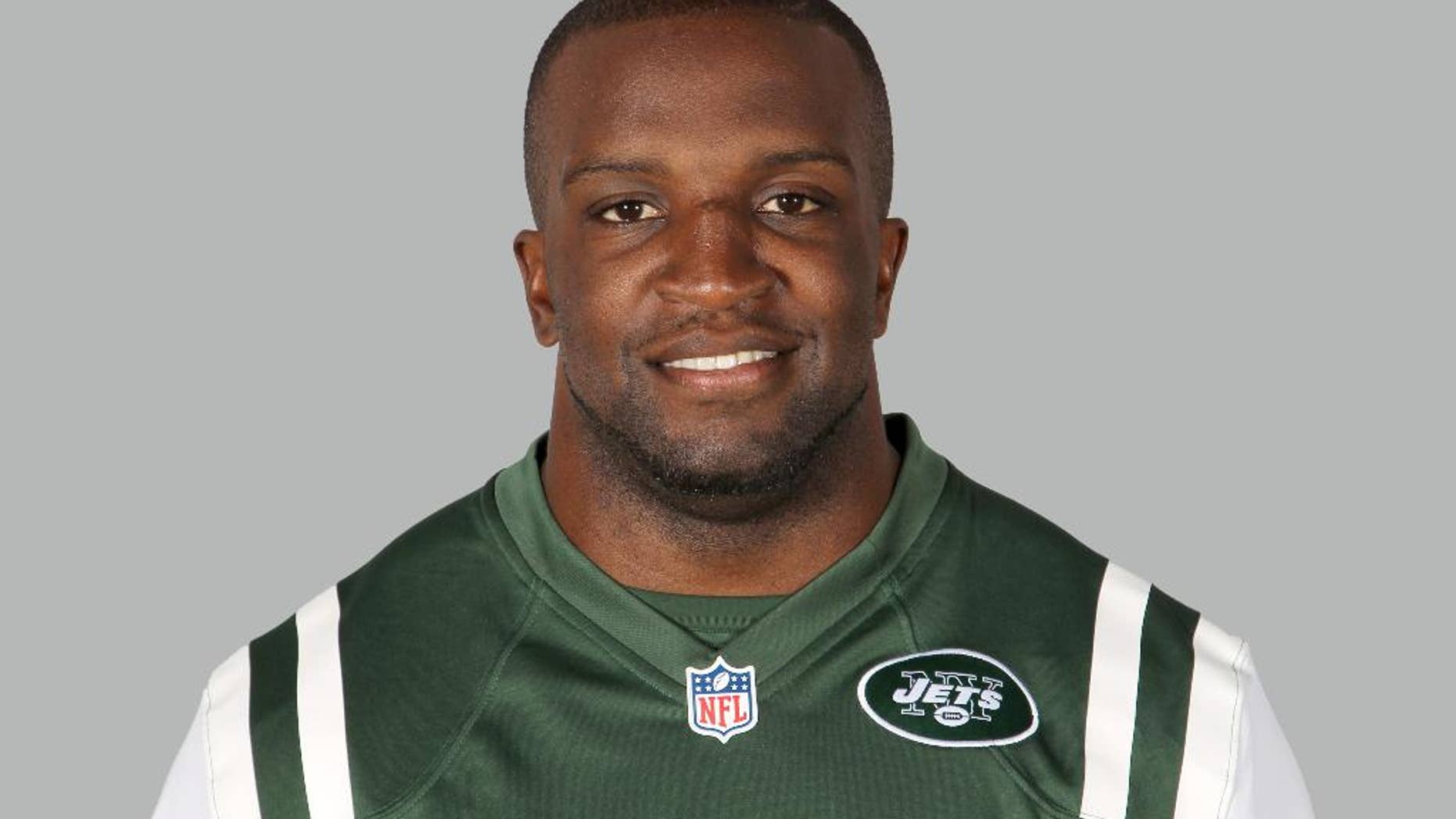 FILE - In this June 16, 2014, file photo, New York Jets' David Harris poses in an NFL football jersey in Florham Park, N.J. Harris is one of the most reluctant and least flashy star players this area has seen in recent years. (AP Photo/File)