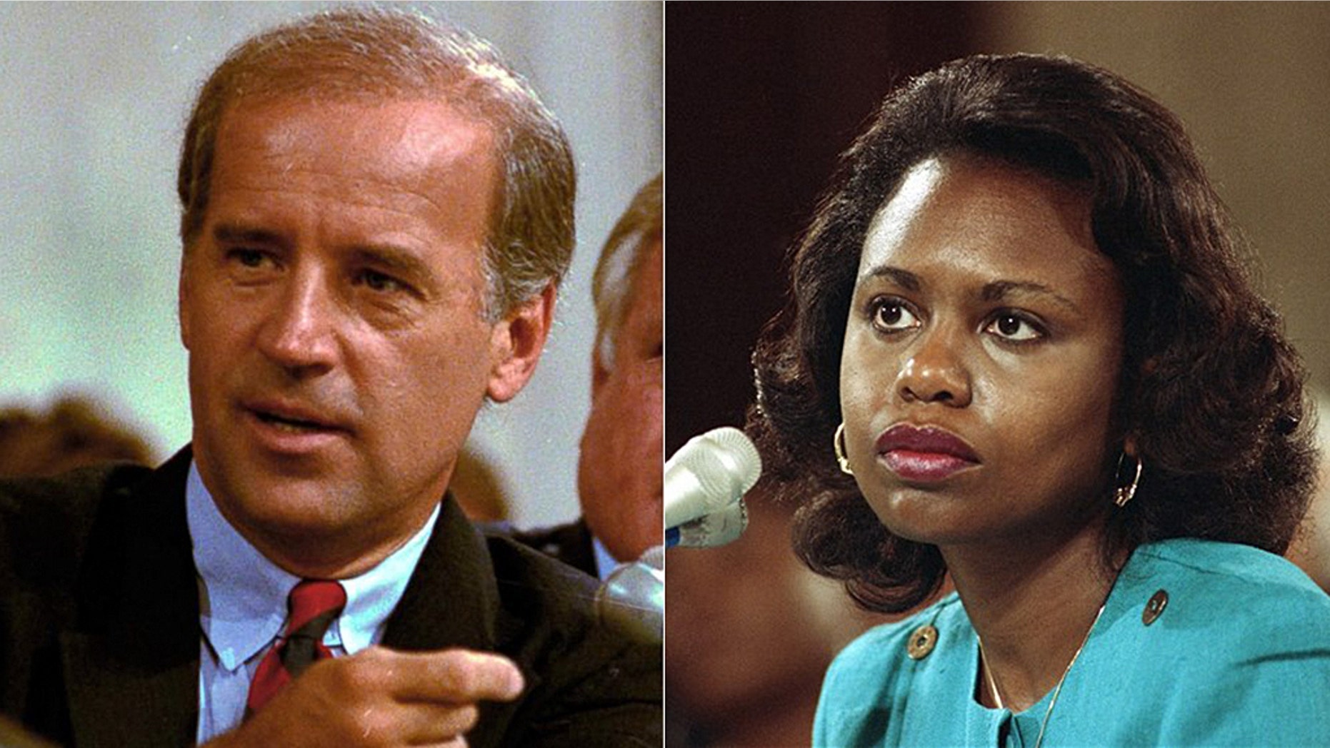 Former Vice President Joe Biden,left, served as chairman of the Senate Judiciary Committee in 1991 when Anita Hill, right, testified allegations of sexual misconduct by then-Supreme Court nominee Judge Clarence Thomas.