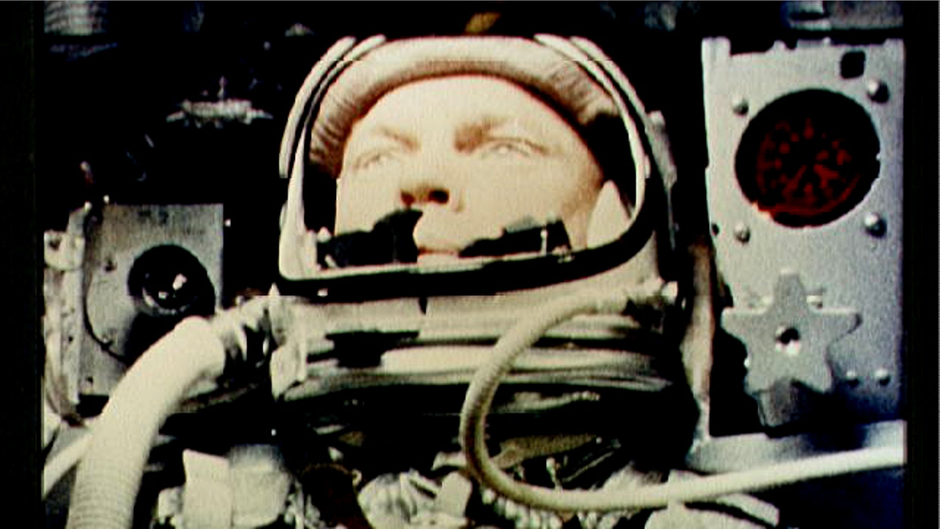 A camera aboard "Friendship 7" photographs John Glenn during a spaceflight on February 26, 1962.