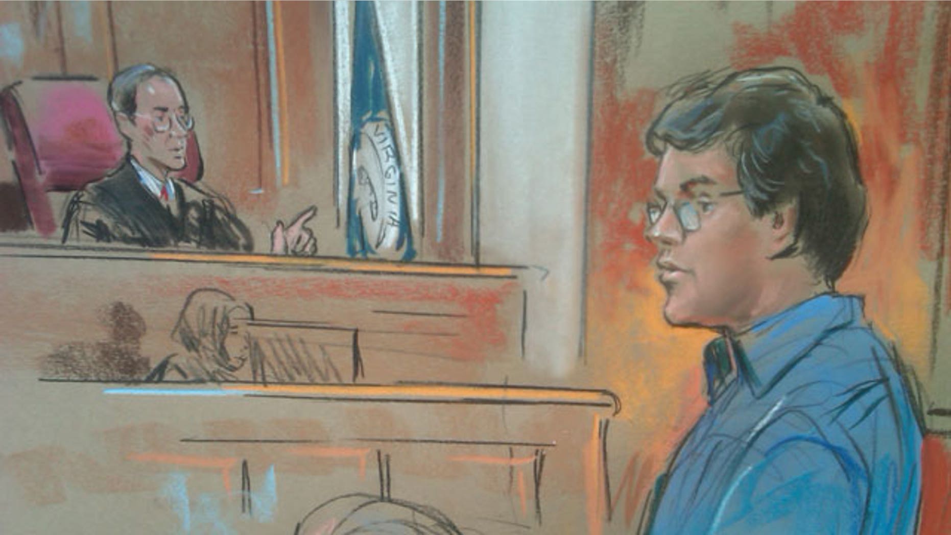 January 23, 2012: Courtroom sketch of John Kiriakou who is charged with leaking classified secrets about CIA operatives and other information to reporters.