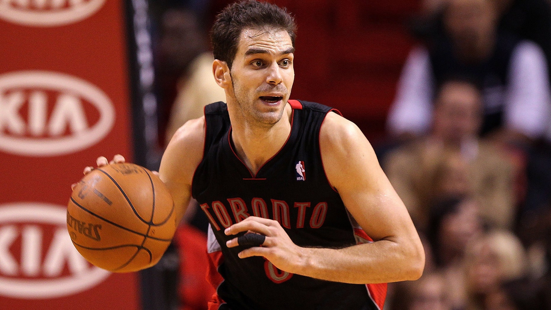 MIAMI, FL - JANUARY 22: Jose Calderon #8 of the Toronto Raptors dribbles the ball during a game against the Miami Heat at American Airlines Arena on January 22, 2011 in Miami, Florida. NOTE TO USER: User expressly acknowledges and agrees that, by downloading and/or using this Photograph, User is consenting to the terms and conditions of the Getty Images License Agreement. (Photo by Mike Ehrmann/Getty Images) *** Local Caption *** Jose Calderon