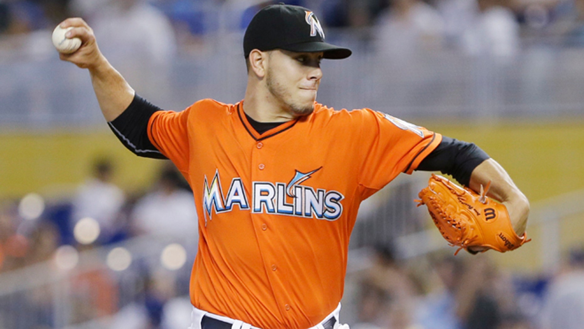 Jose Fernandez delivers a pitch against the Los Angeles Dodgers, Sunday, May 4, 2014, in Miami.