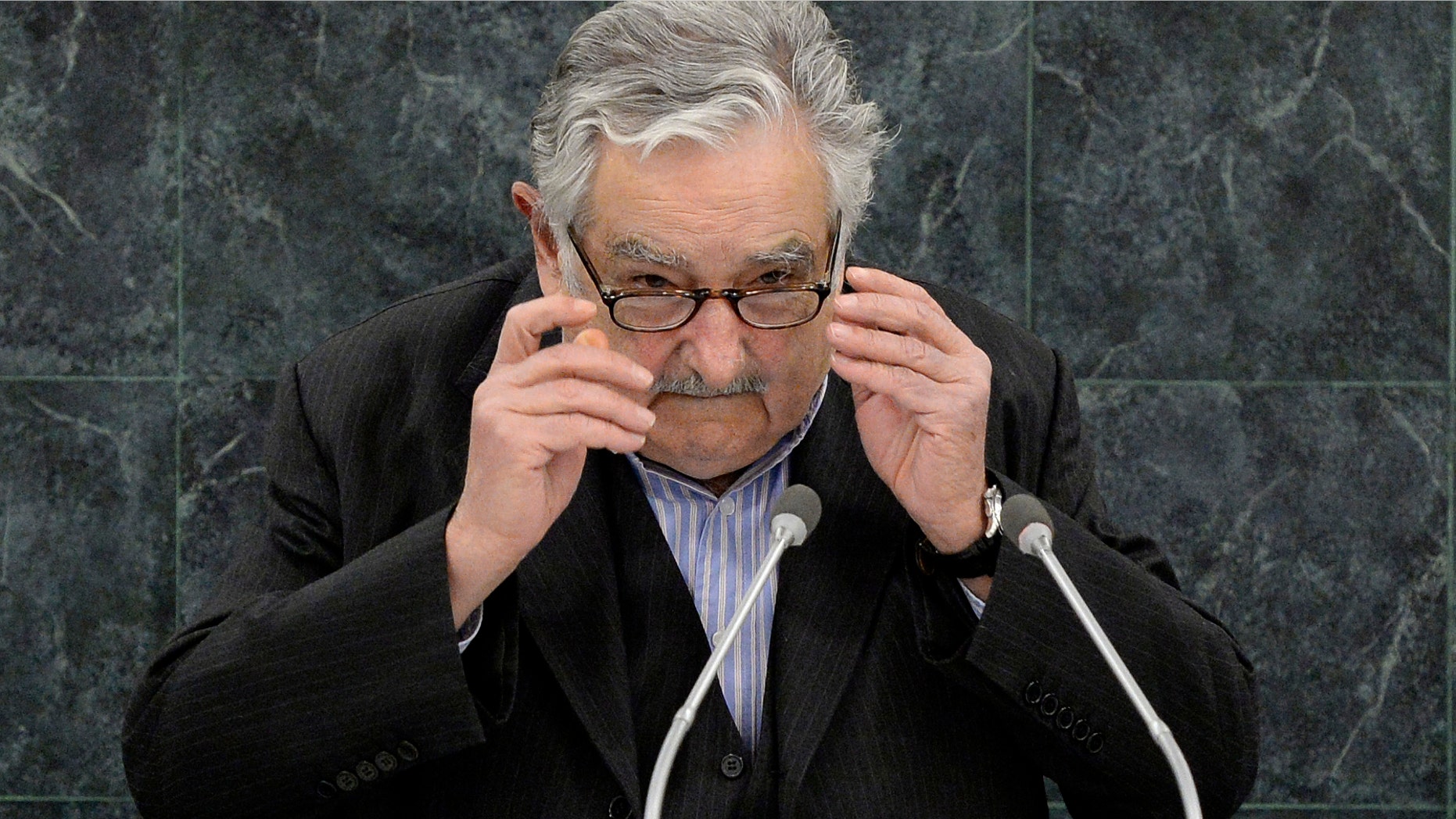 NEW YORK, NY - SEPTEMBER 24: Uruguayan President Jose Mujica addresses the U.N. General Assembly on September 24, 2013 in New York City. Over 120 prime ministers, presidents and monarchs are gathering this week for the annual meeting at the temporary General Assembly Hall at the U.N. headquarters while the General Assembly Building is closed for renovations. (Photo by Justin Lane-Pool/Getty Images)
