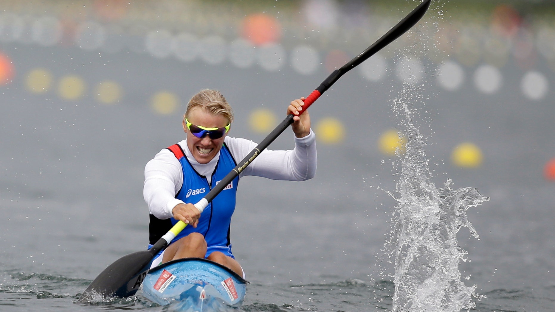 Aug. 7, 2012: Italy's Josefa Idem paddles on her way to winning a women's kayak single 500m semifinal in Eton Dorney, near Windsor, England, at the 2012 Summer Olympics.