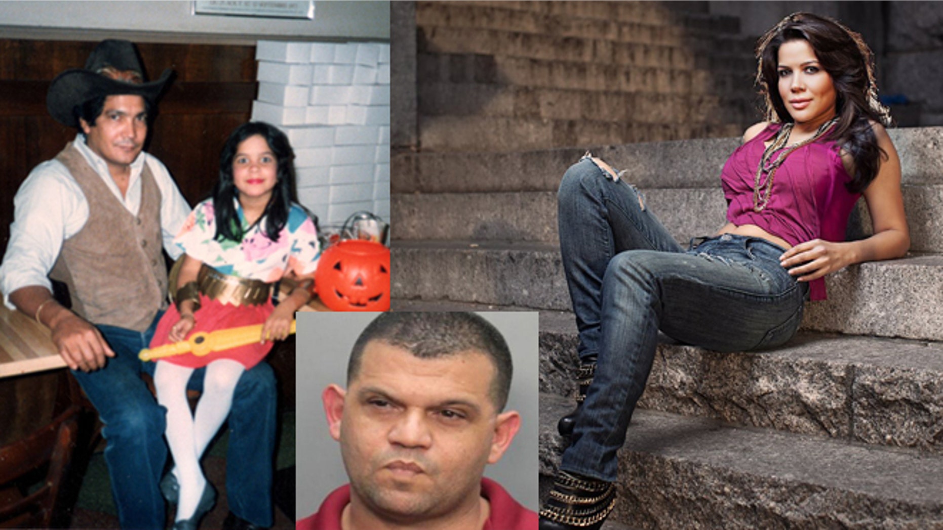 Left: José and Joselyn Martinez, Halloween 1985. Right: Joselyn Martinez today. Inset: Justo Santos' mug shot from 2013.