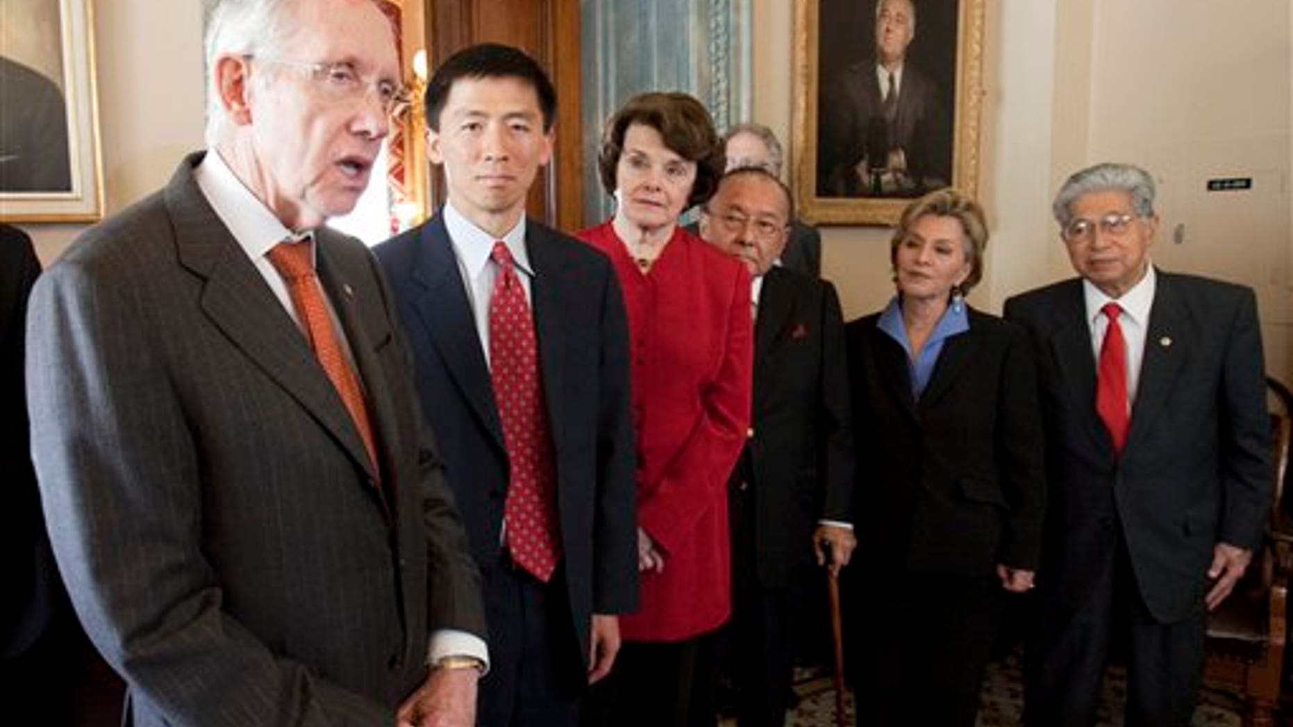 Senate Majority Leader Harry Reid, D-Nev., with judicial nominee Goodwin Liu, and Sens. Diane Feinstein, D-Calif., Daniel Inouye, D-Hi., Barbara Boxer, D-Calif., and Daniel Akaka, D-Hi. where Reid talked, Wednesday, May 18, 2011 in Washington. (AP)