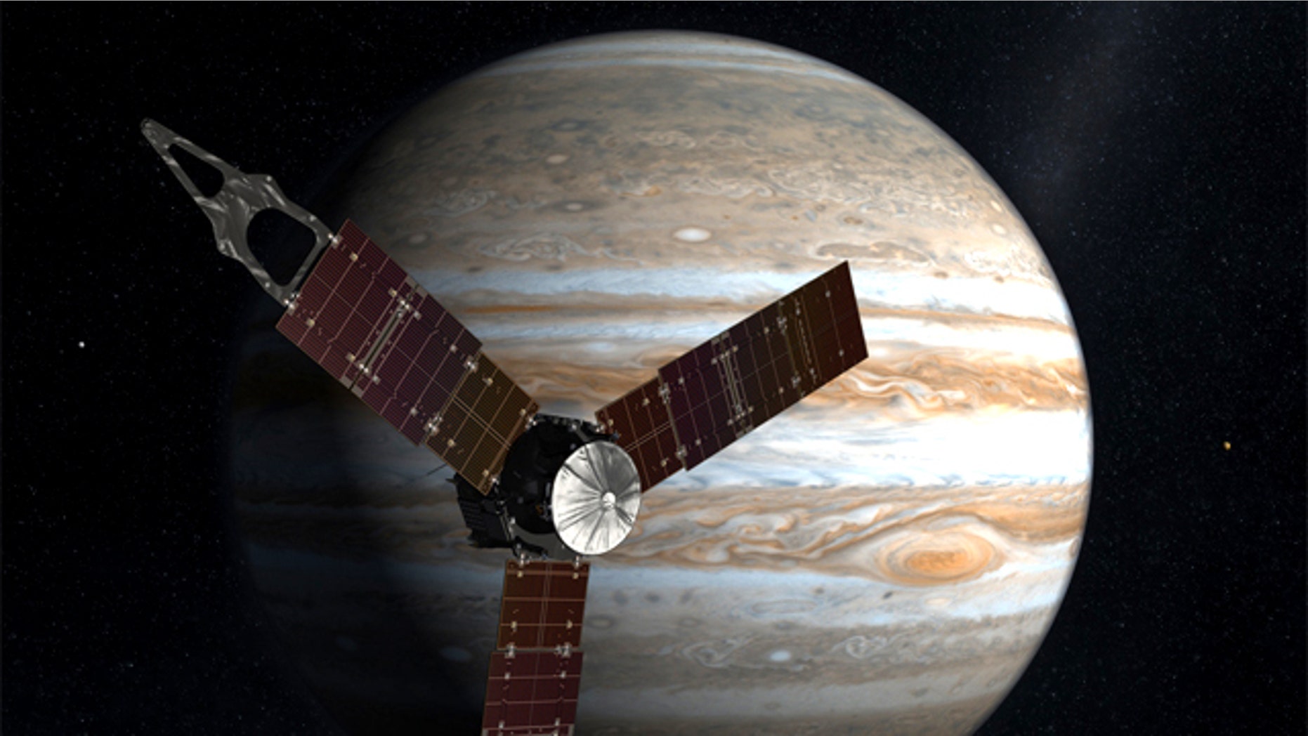 The Juno spacecraft passes in front of Jupiter in this artist's depiction.