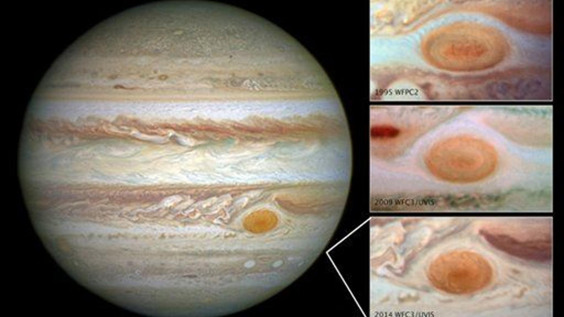 This undated composite handout image provided by NASA, taken by the Hubble Space Telescope, shows the Great Red Spot in 2014, left; in 1995, top right; 2009, center right; and 2014, bottom right.