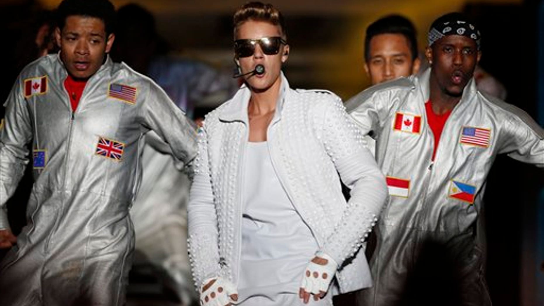Canada's pop star Justin Bieber performs in concert during his Believe world tour in Asuncion, Paraguay.