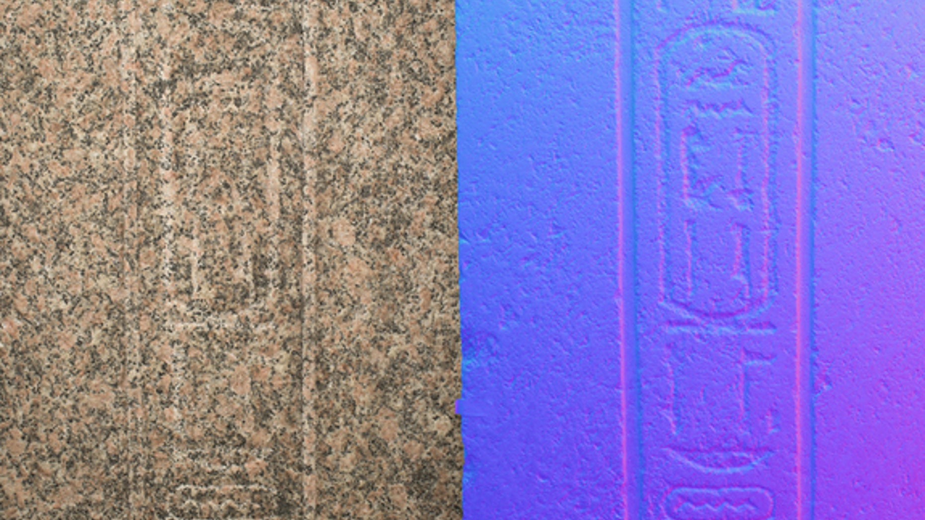 This image shows the power of reflectance transformation imaging (RTI) in an image of the Philae obelisk.