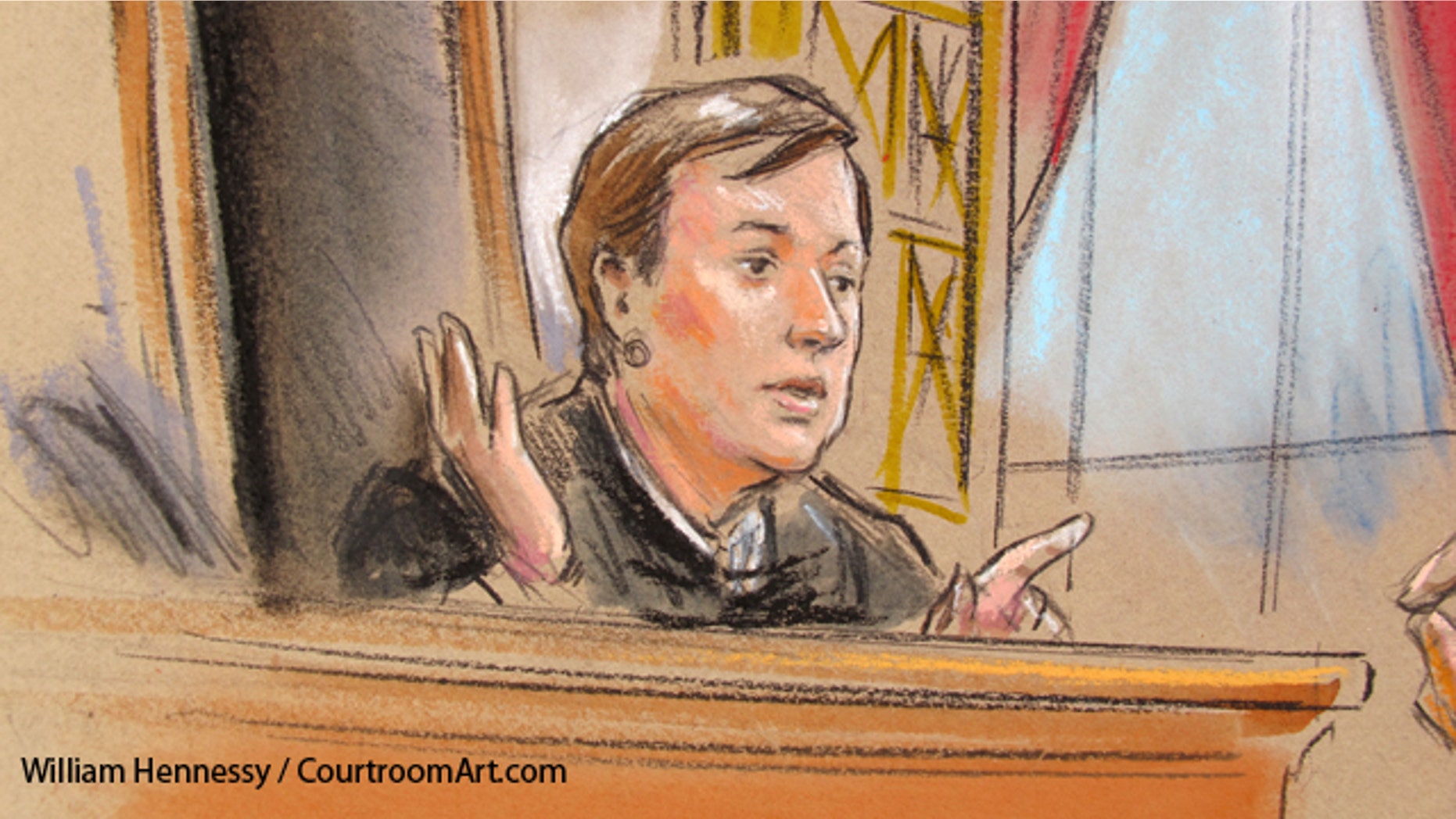 Shown here is a sketch of Supreme Court Justice Elena Kagan speaking March 28.
