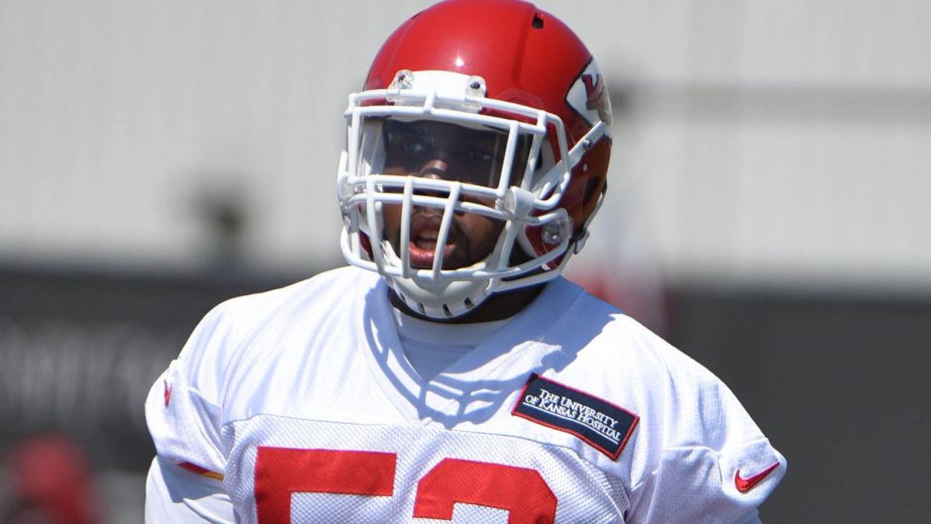 May 27, 2015; Kansas City, MO, USA; Kansas City Chiefs inside linebacker James-Michael Johnson (52) during organized team activities at the University of Kansas Hospital Training Complex. Mandatory Credit: John Rieger-USA TODAY Sports