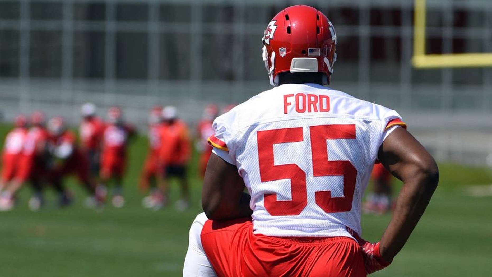 May 27, 2015; Kansas City, MO, USA; Kansas City Chiefs linebacker Dee Ford (55) watches during organized team activities at the University of Kansas Hospital Training Complex. Mandatory Credit: John Rieger-USA TODAY Sports